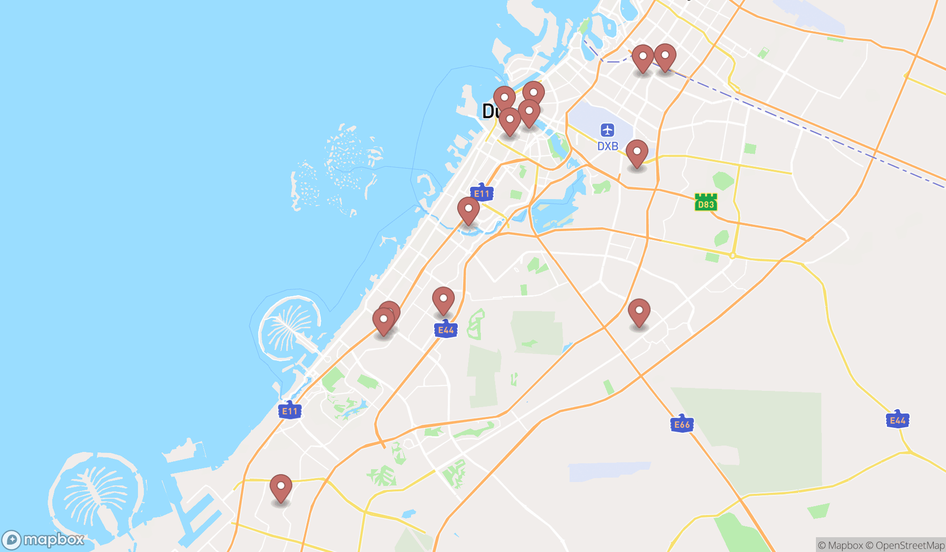 Map showing the search results in Dubai