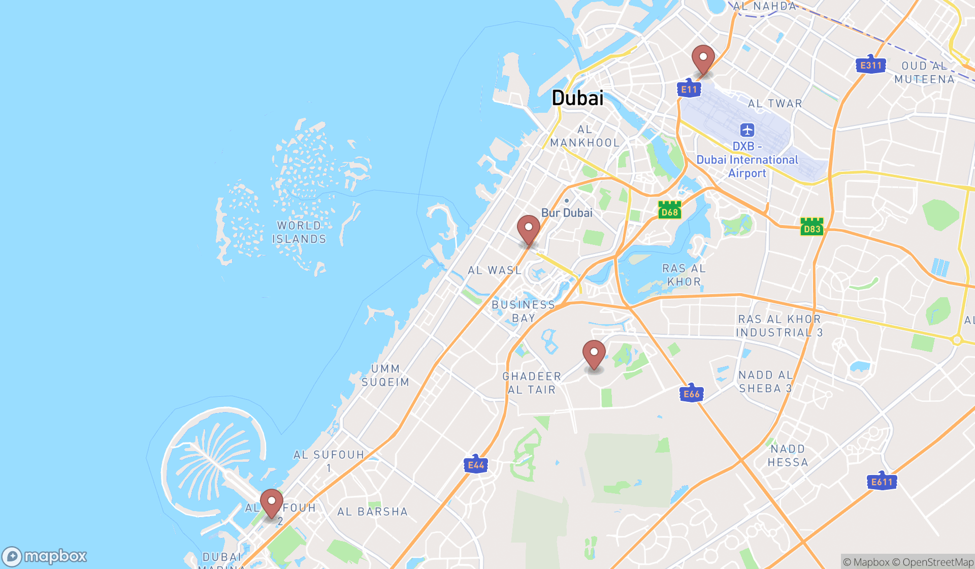 Map showing the search results in Dubai