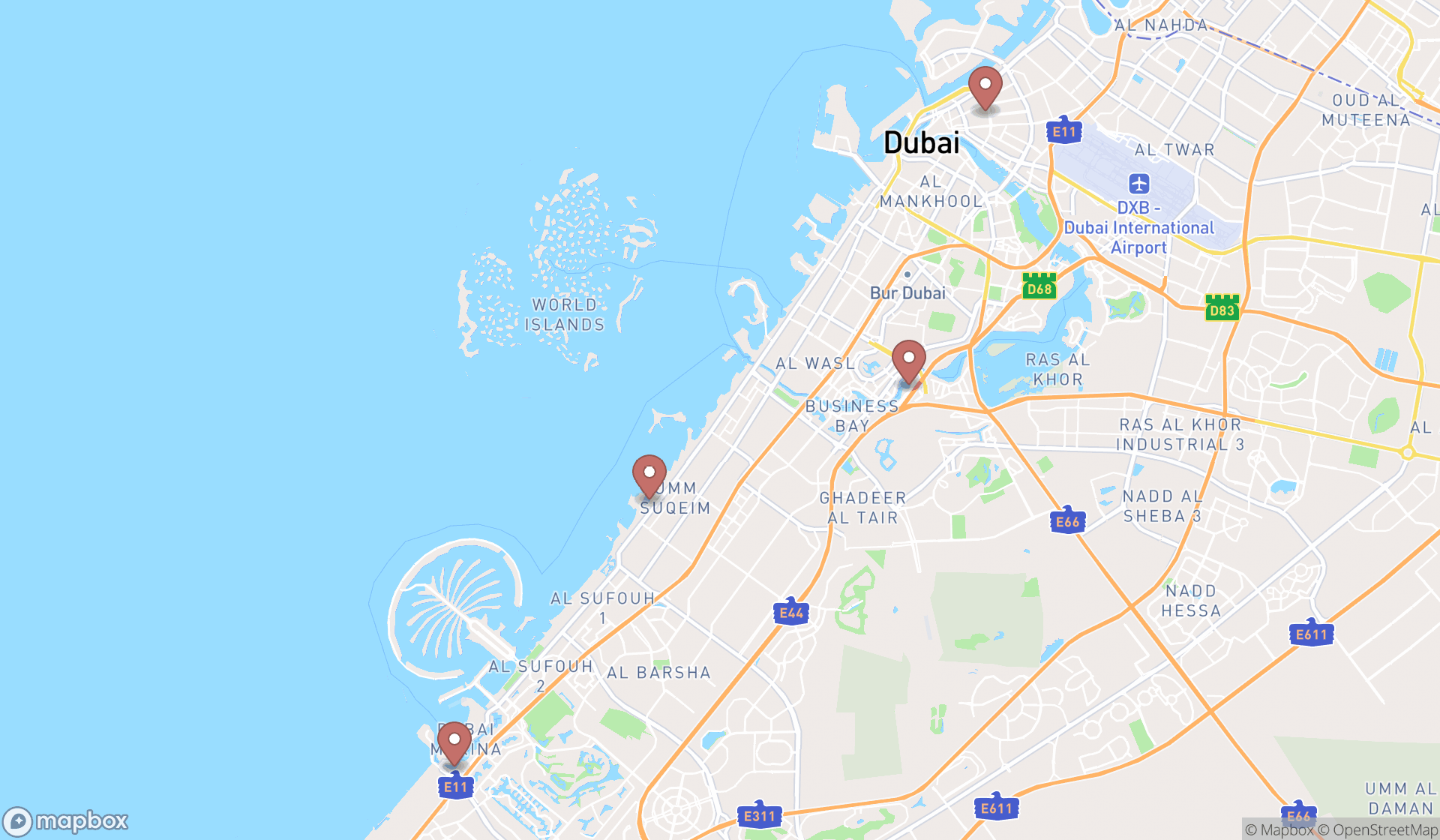 Map showing the search results in Dubai
