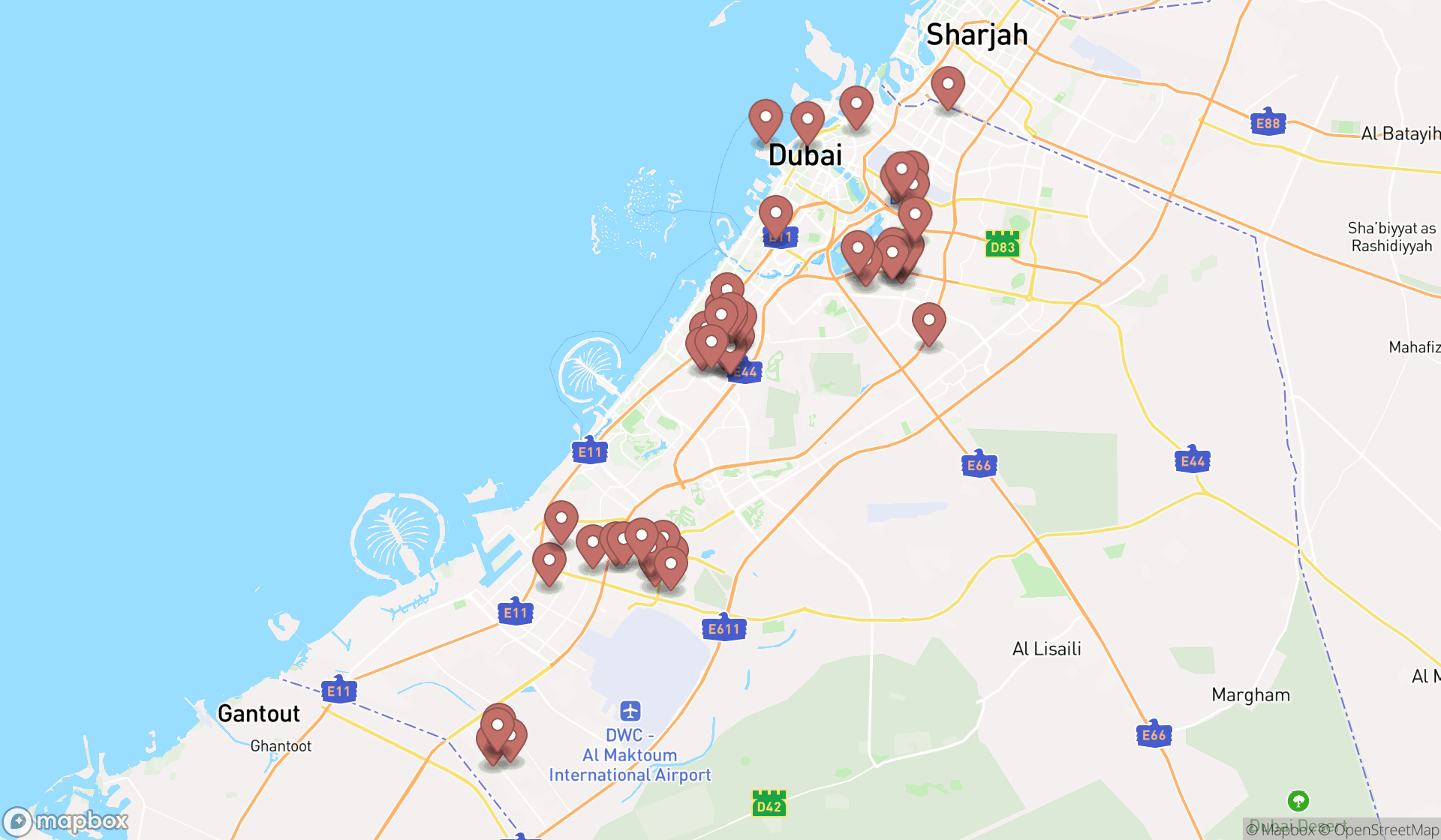 Map showing the search results in Dubai