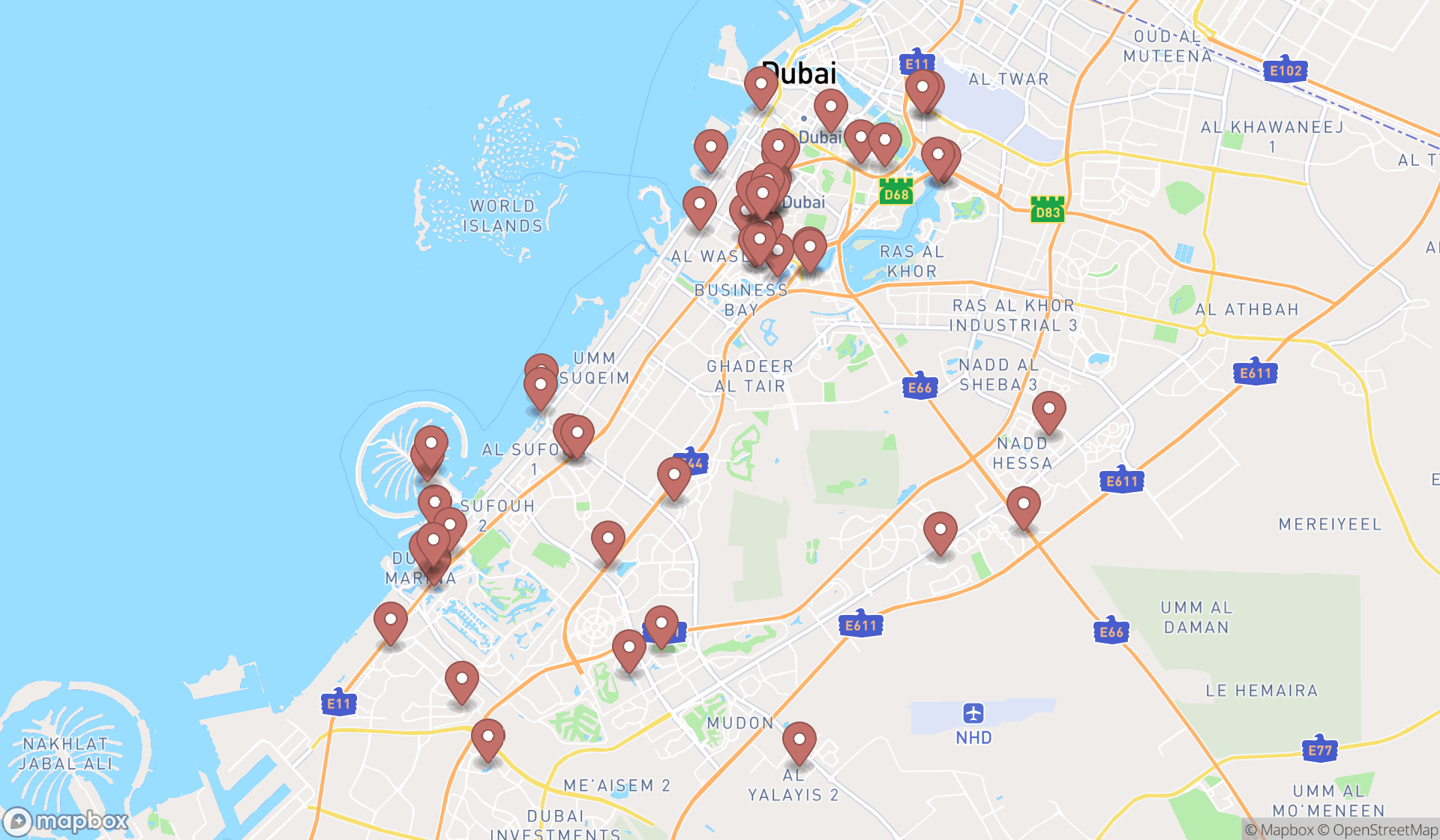 Map showing the search results in Dubai