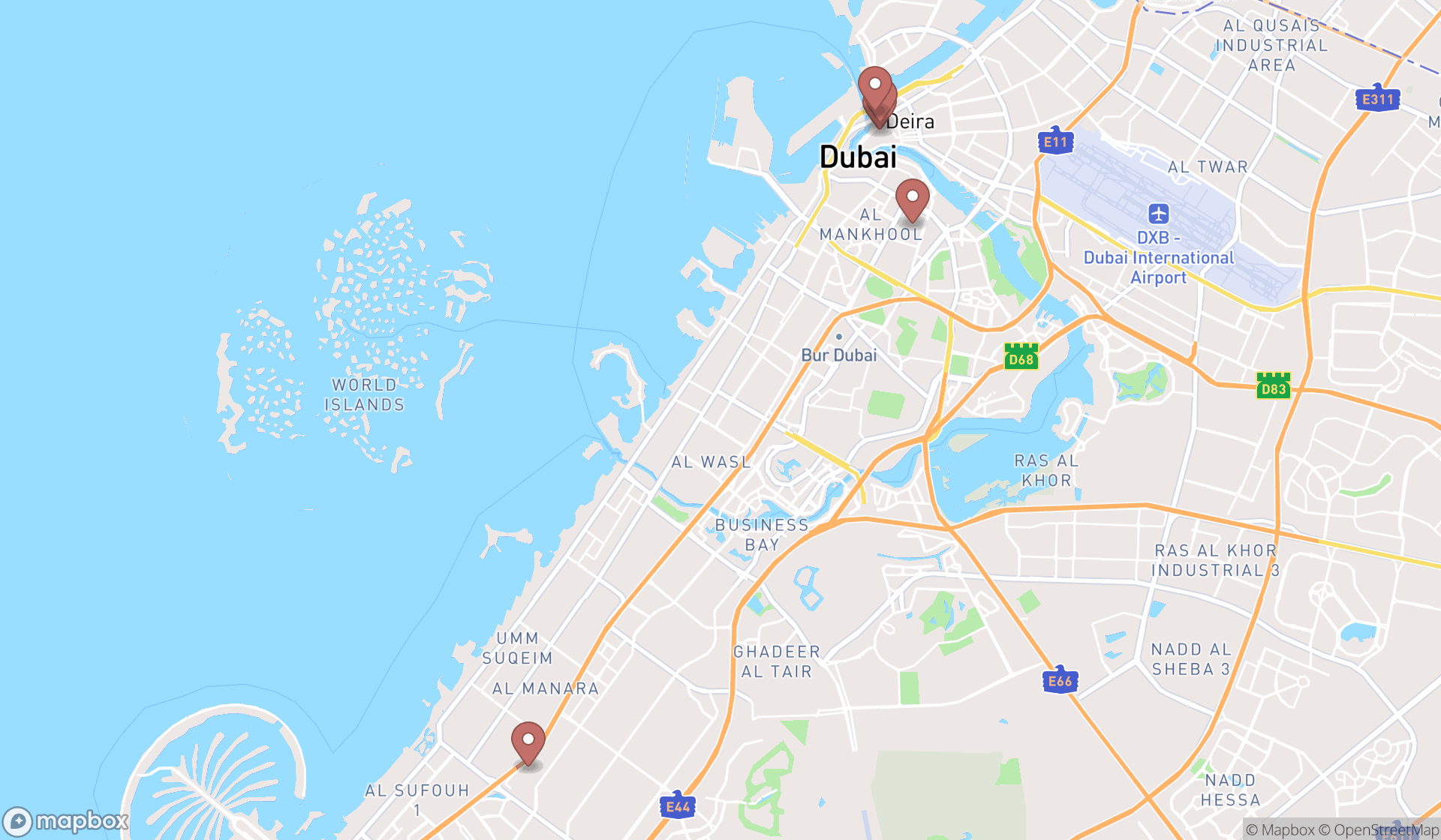 Map showing the search results in Dubai