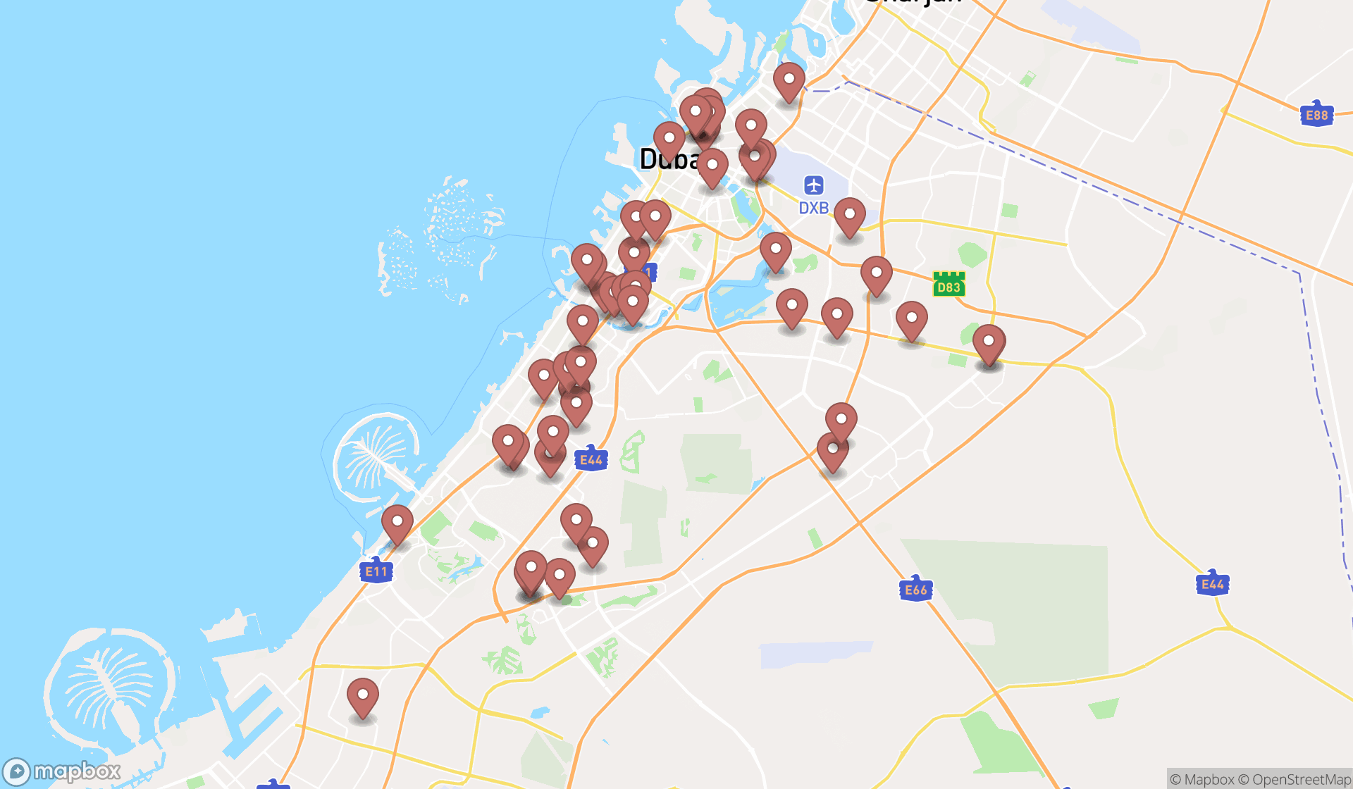 Map showing the search results in Dubai