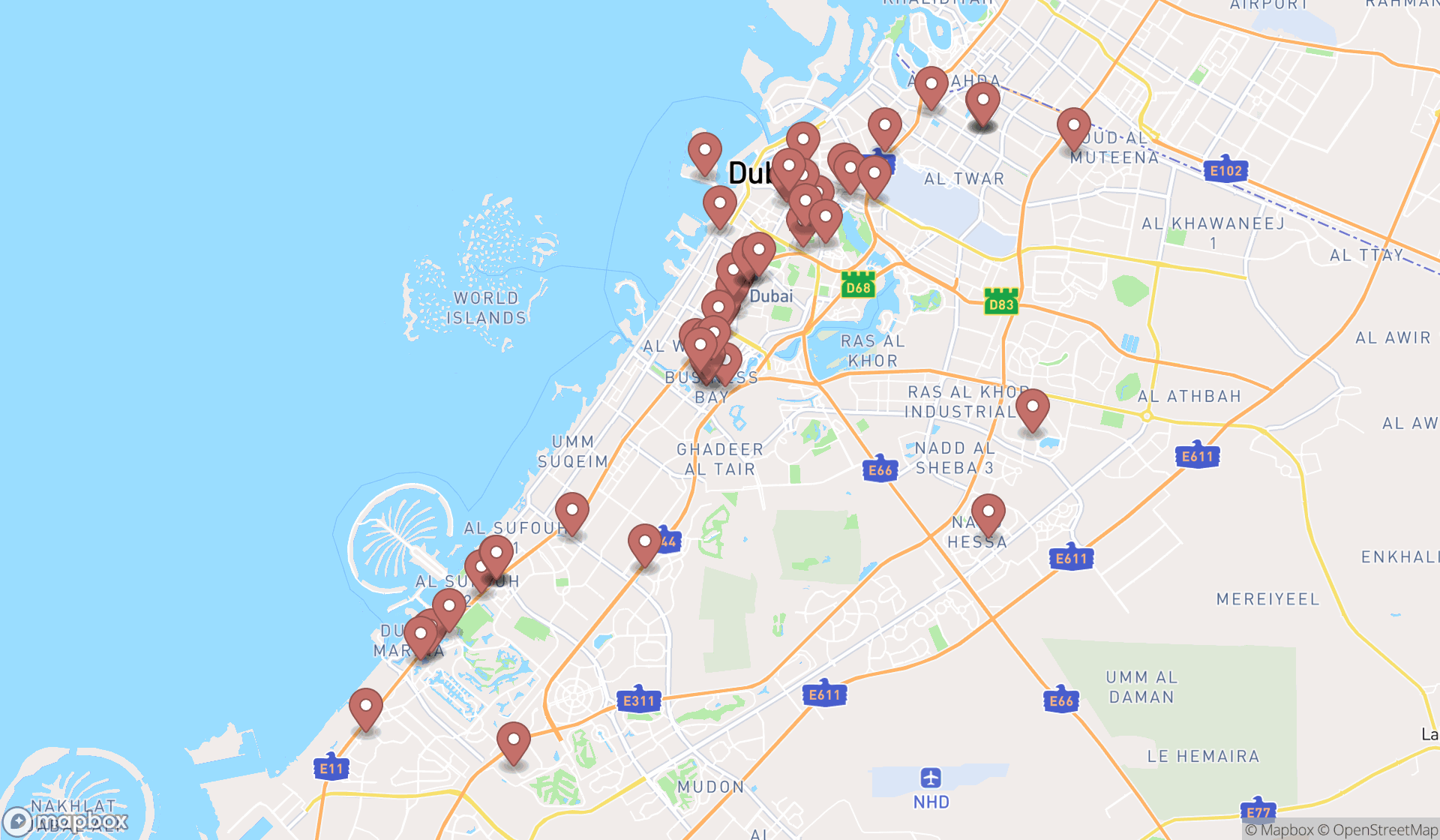 Map showing the search results in Dubai