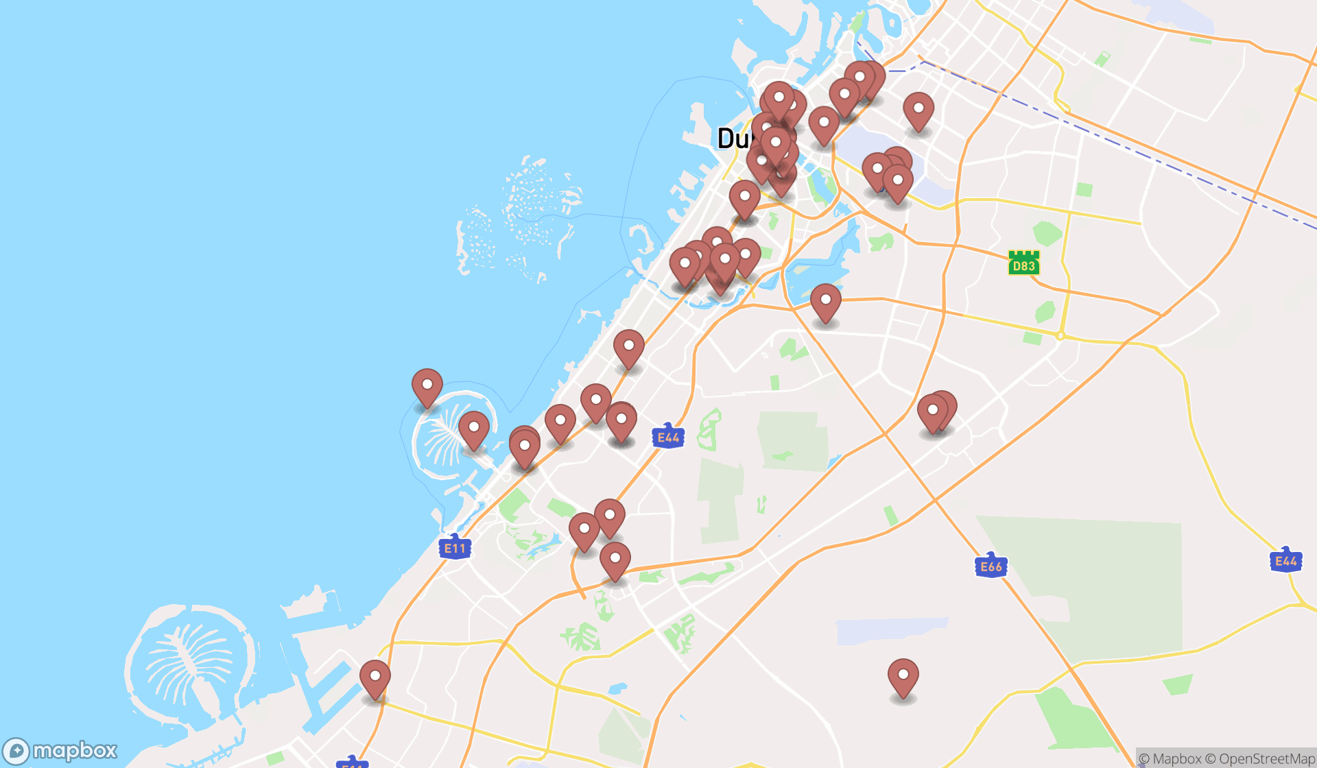 Map showing the search results in Dubai