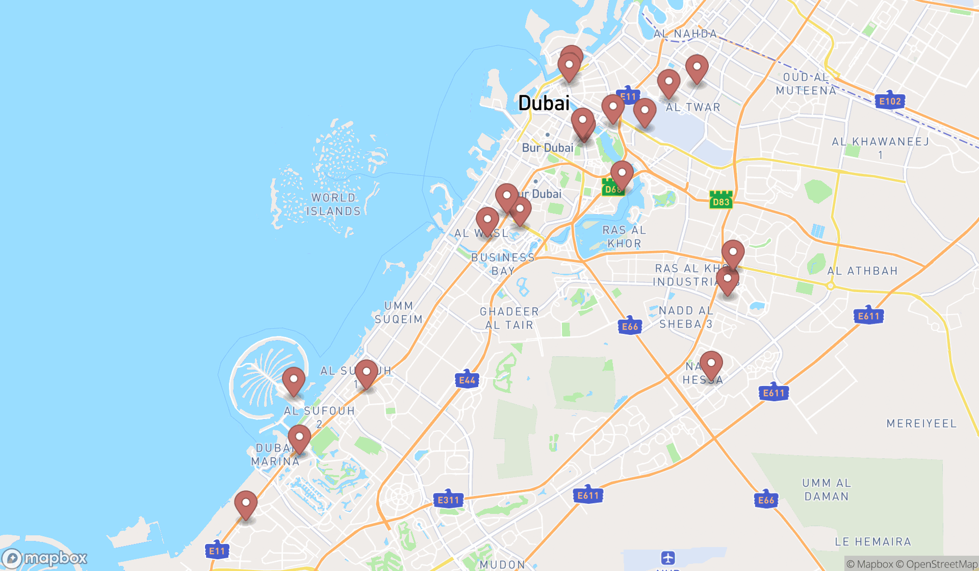 Map showing the search results in Dubai