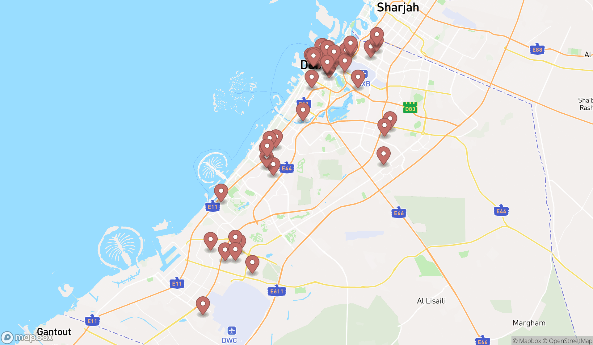 Map showing the search results in Dubai