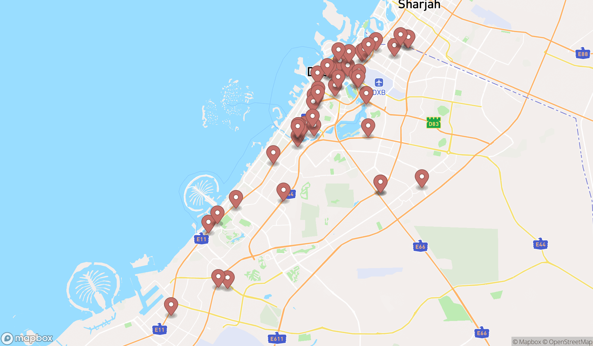 Map showing the search results in Dubai