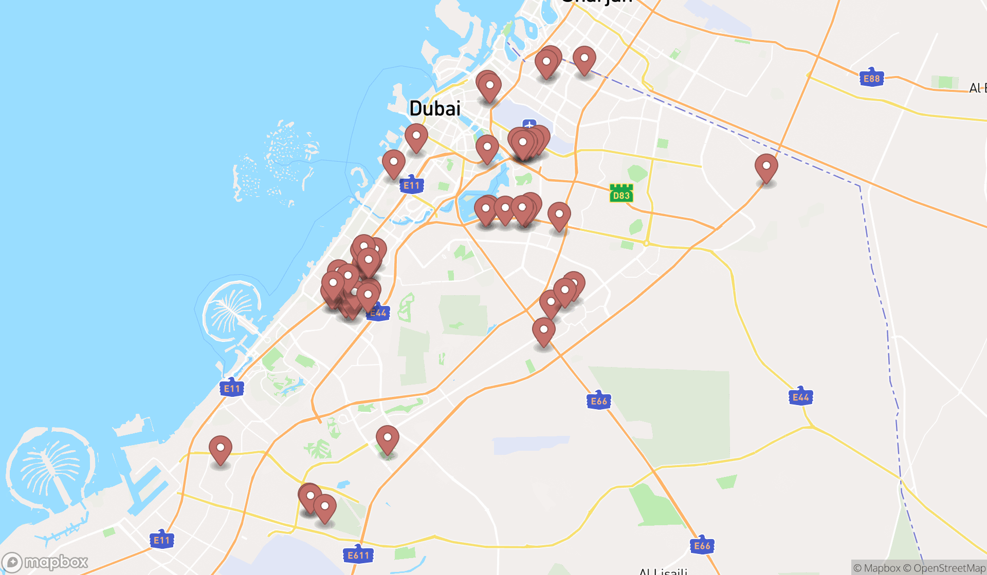 Map showing the search results in Dubai