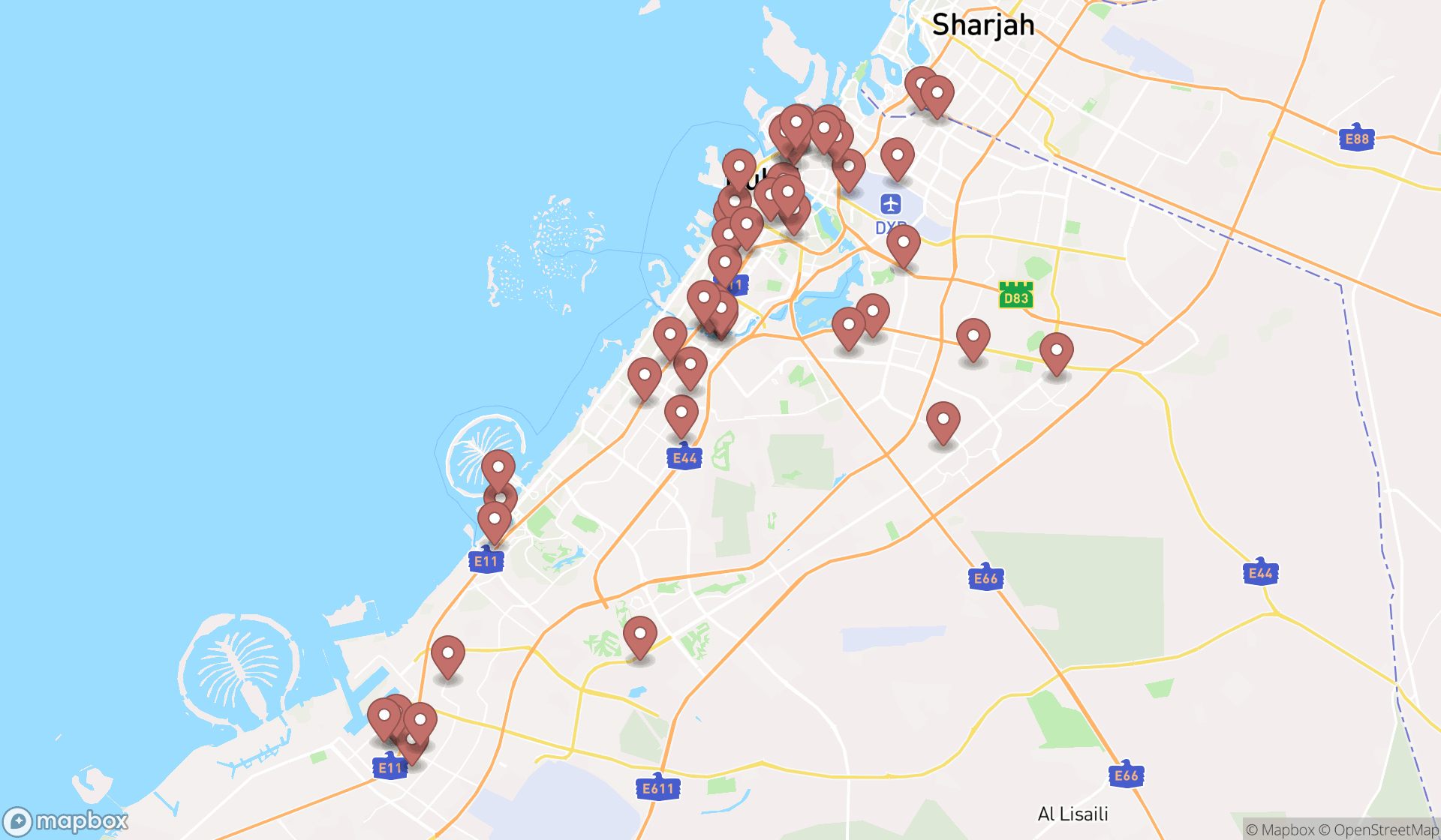 Map showing the search results in Dubai