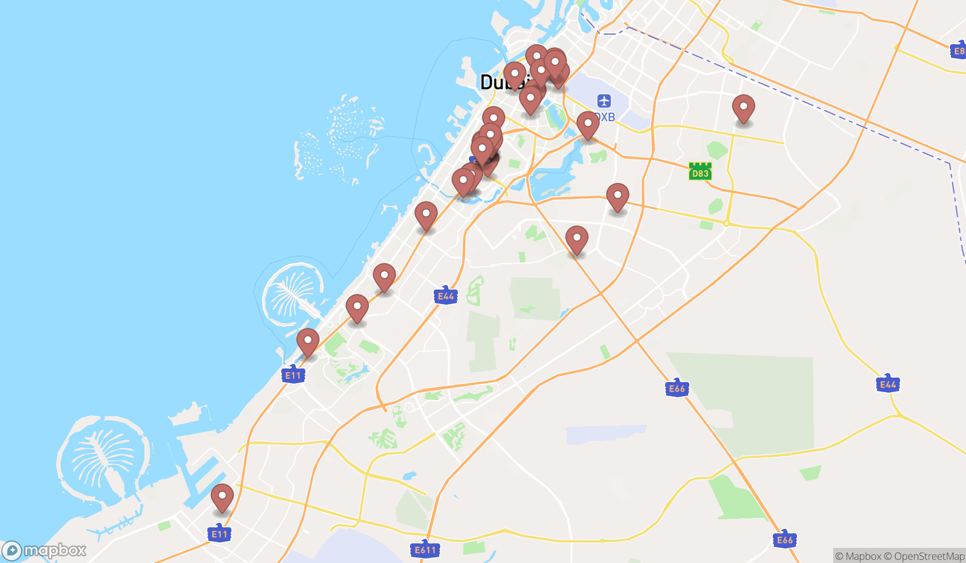 Map showing the search results in Dubai