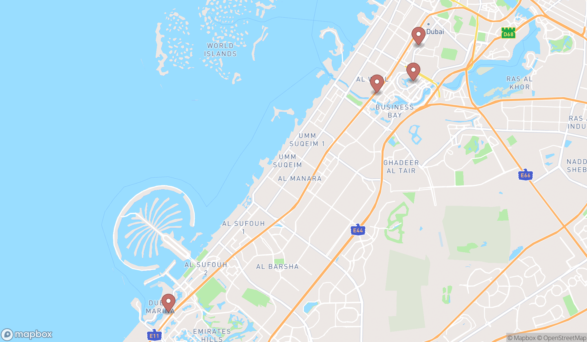 Map showing the search results in Dubai