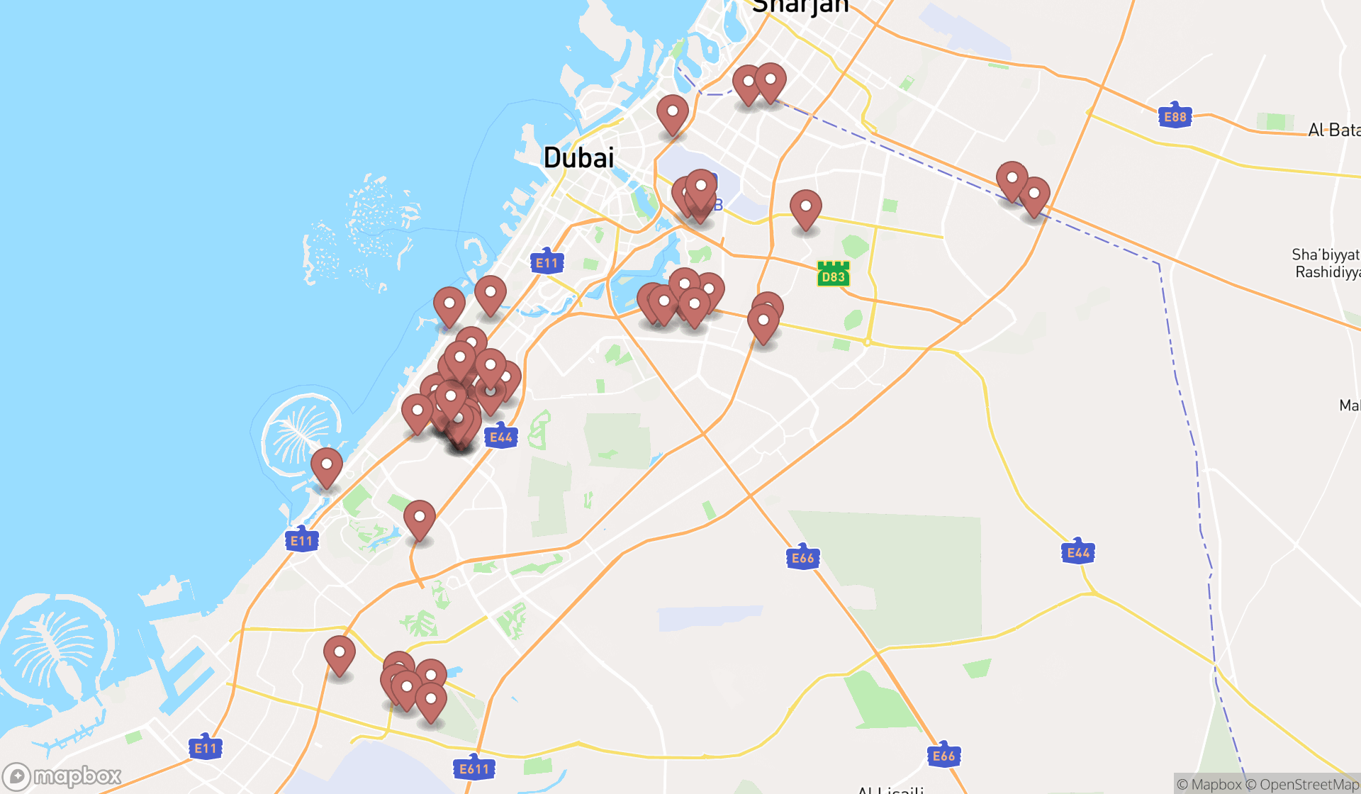 Map showing the search results in Dubai