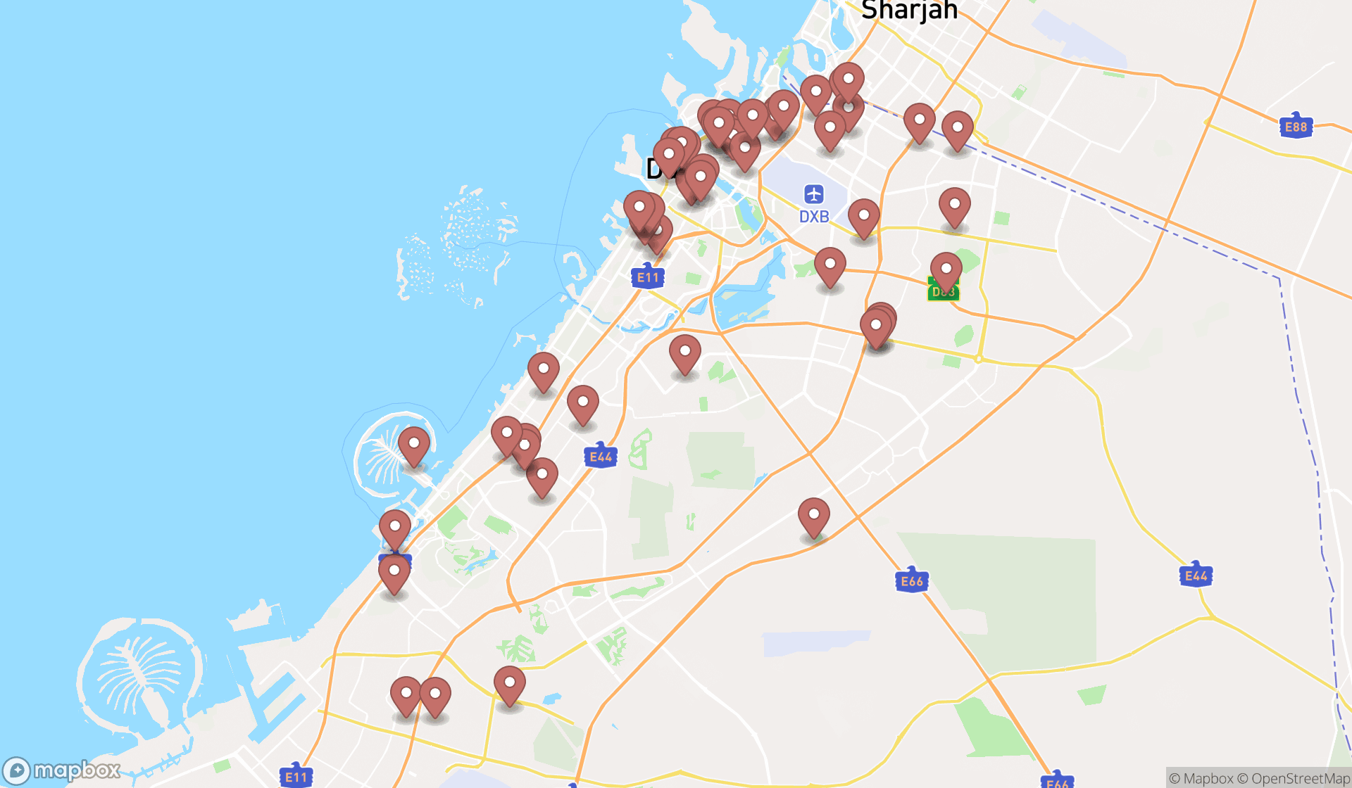 Map showing the search results in Dubai