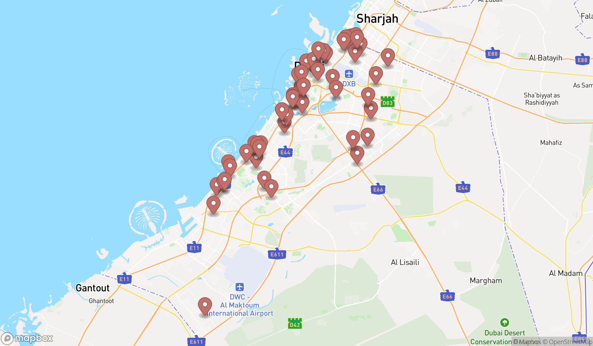Map showing the search results in Dubai