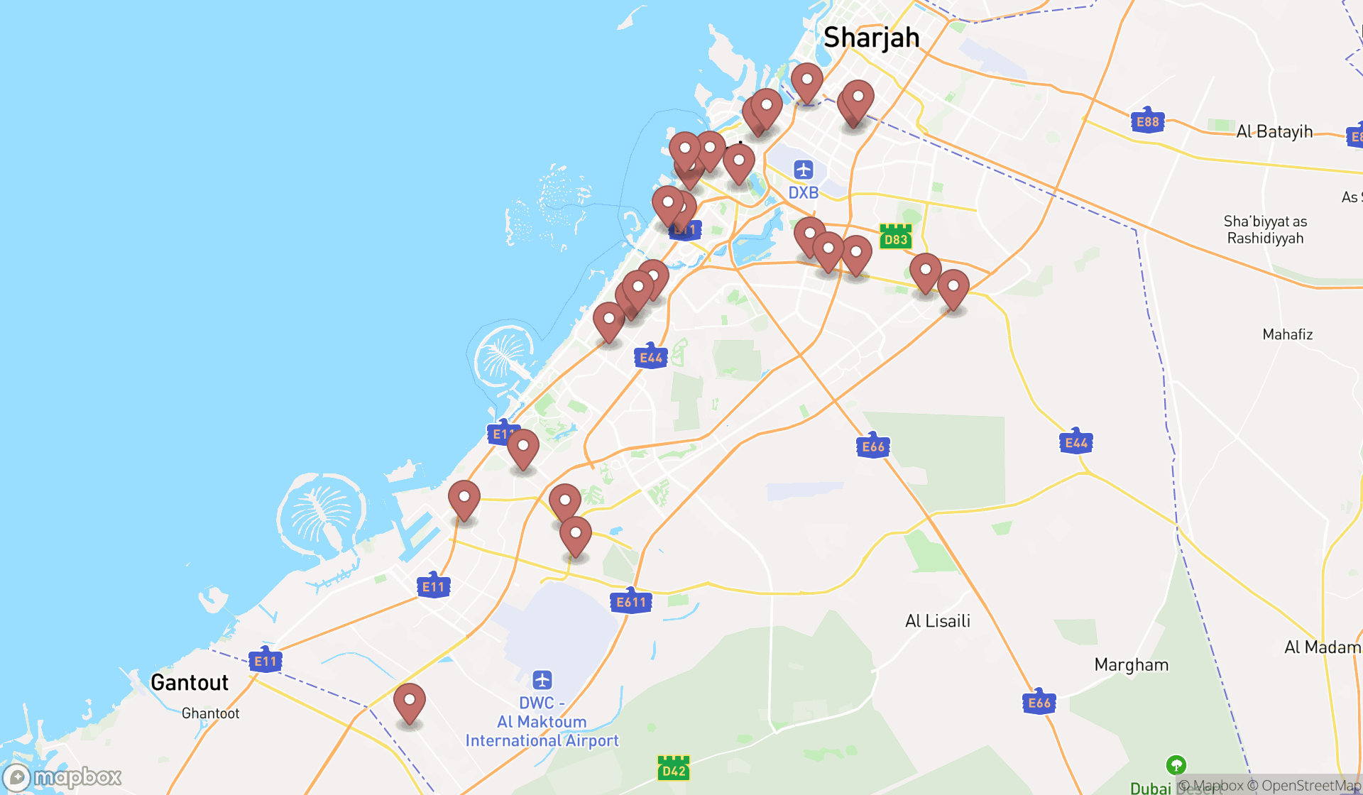 Map showing the search results in Dubai
