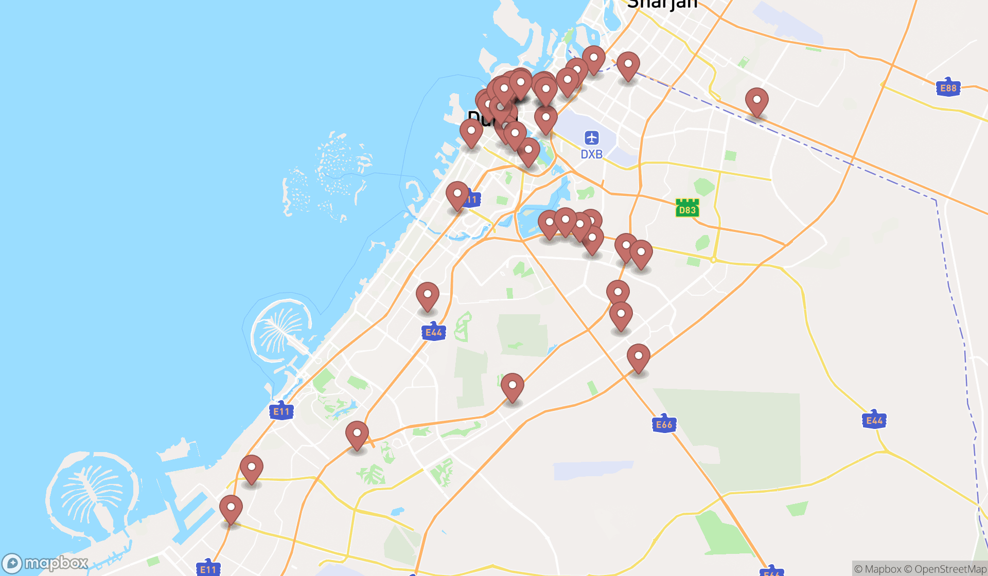 Map showing the search results in Dubai