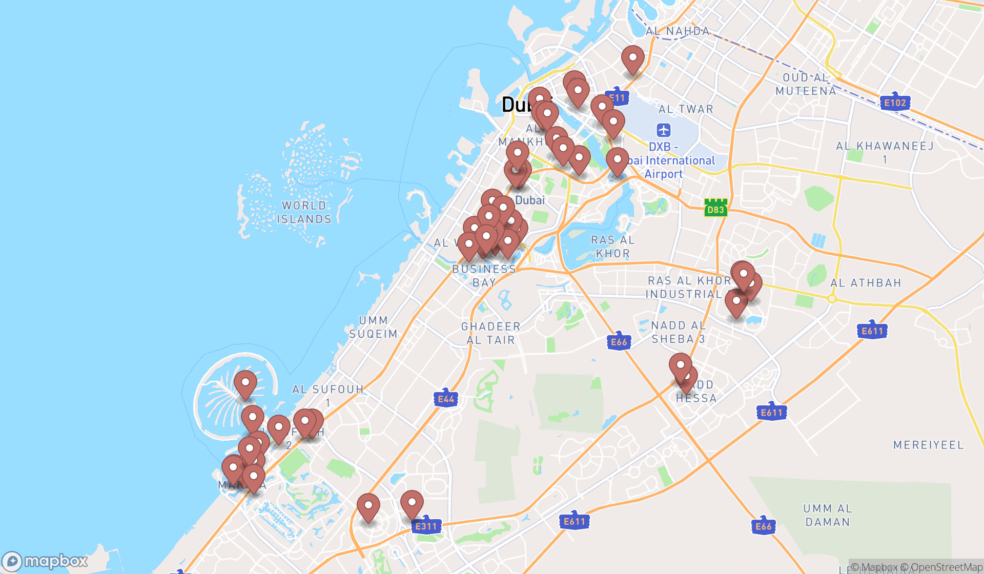 Map showing the search results in Dubai