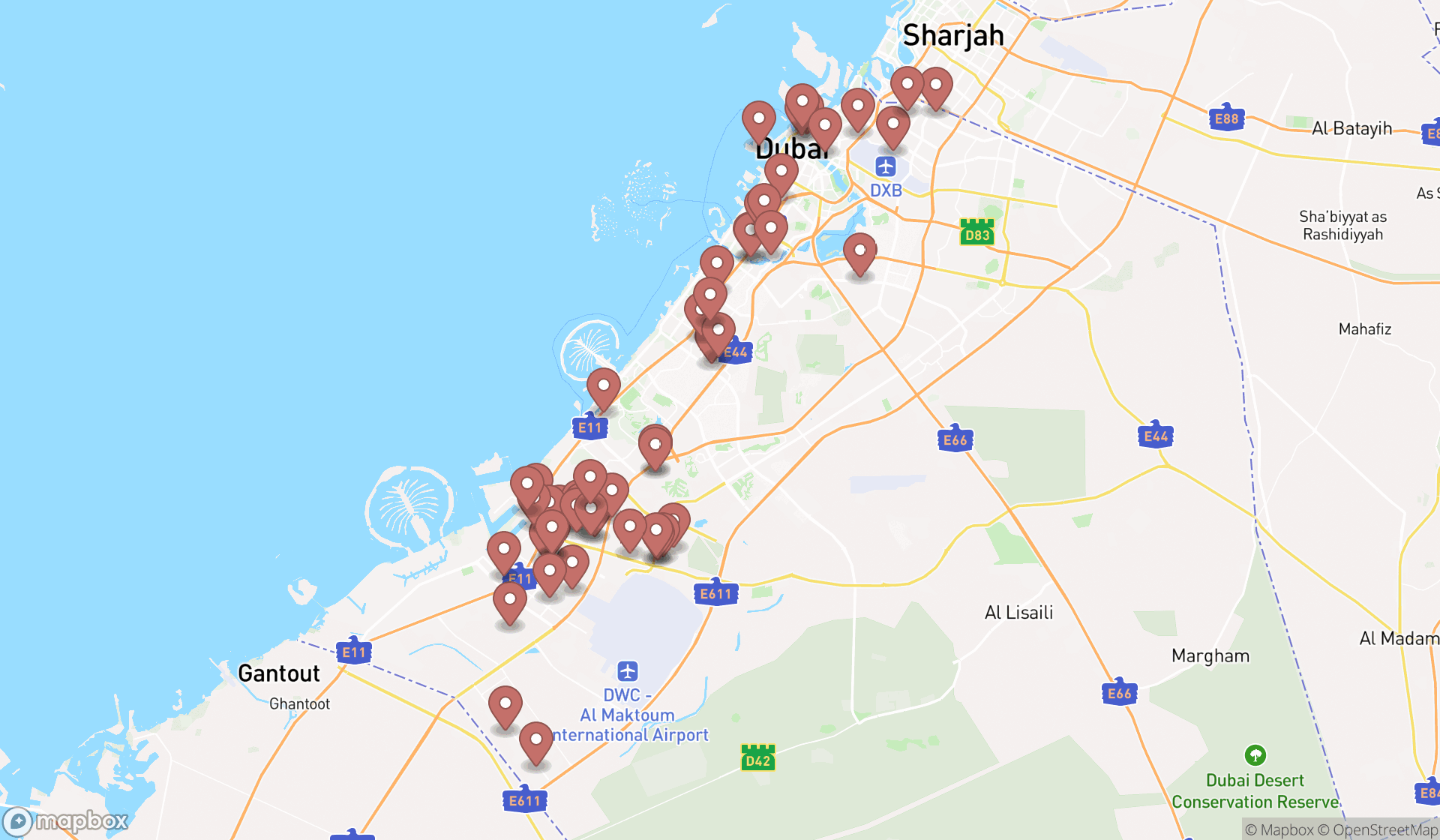 Map showing the search results in Dubai