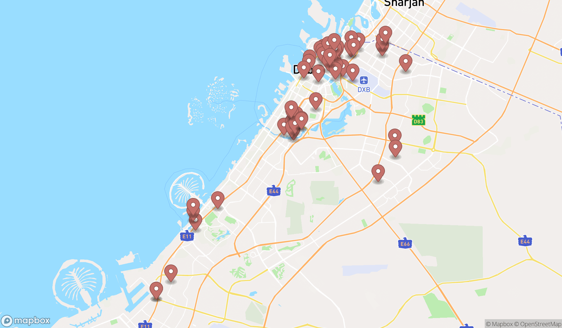 Map showing the search results in Dubai