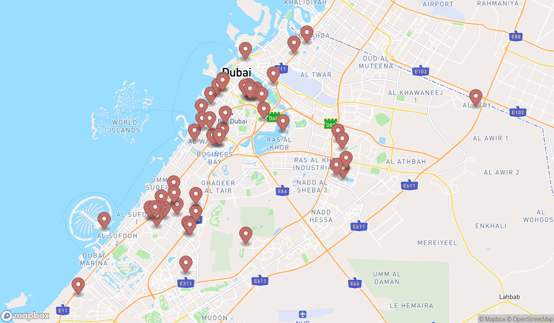 Map showing the search results in Dubai
