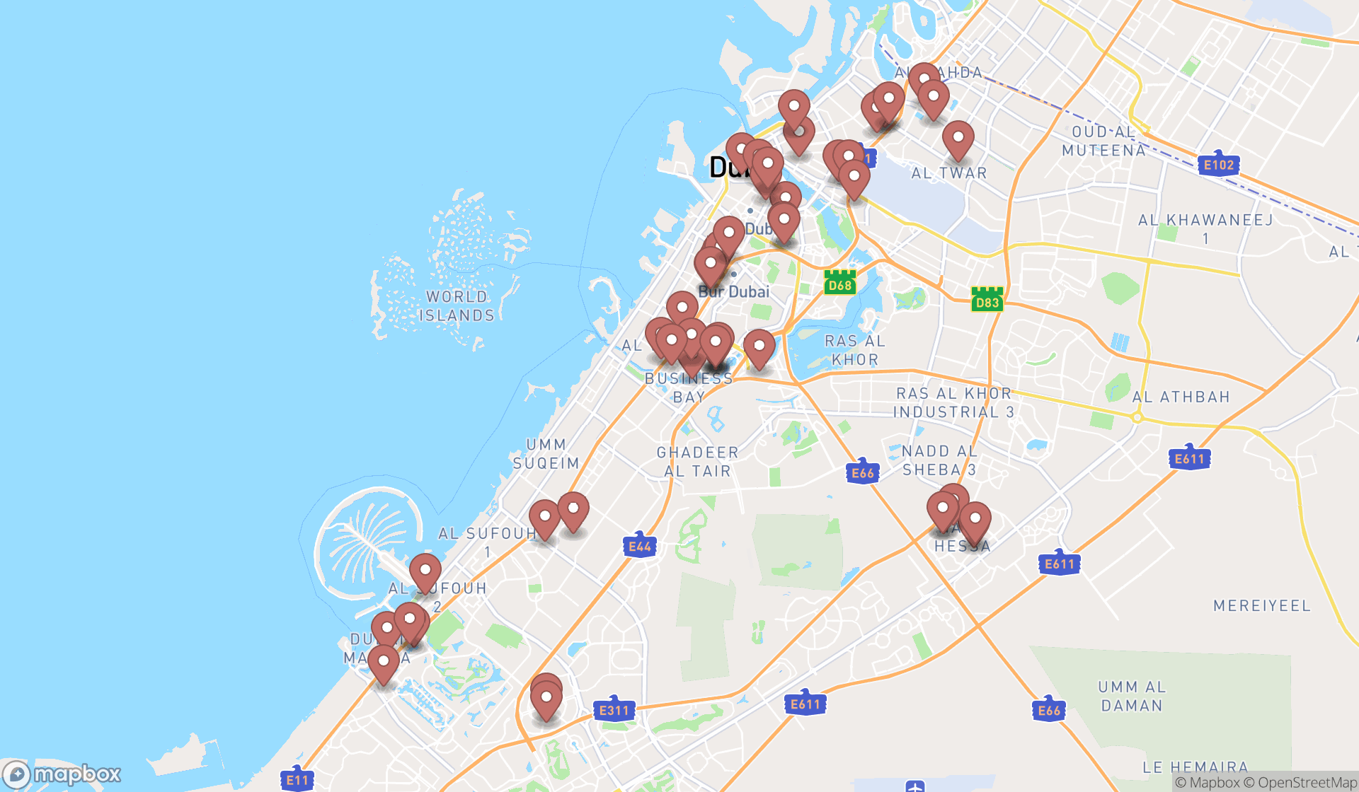 Map showing the search results in Dubai
