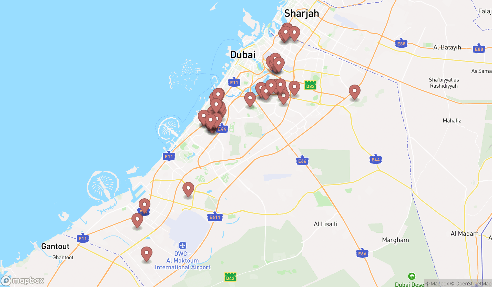 Map showing the search results in Dubai