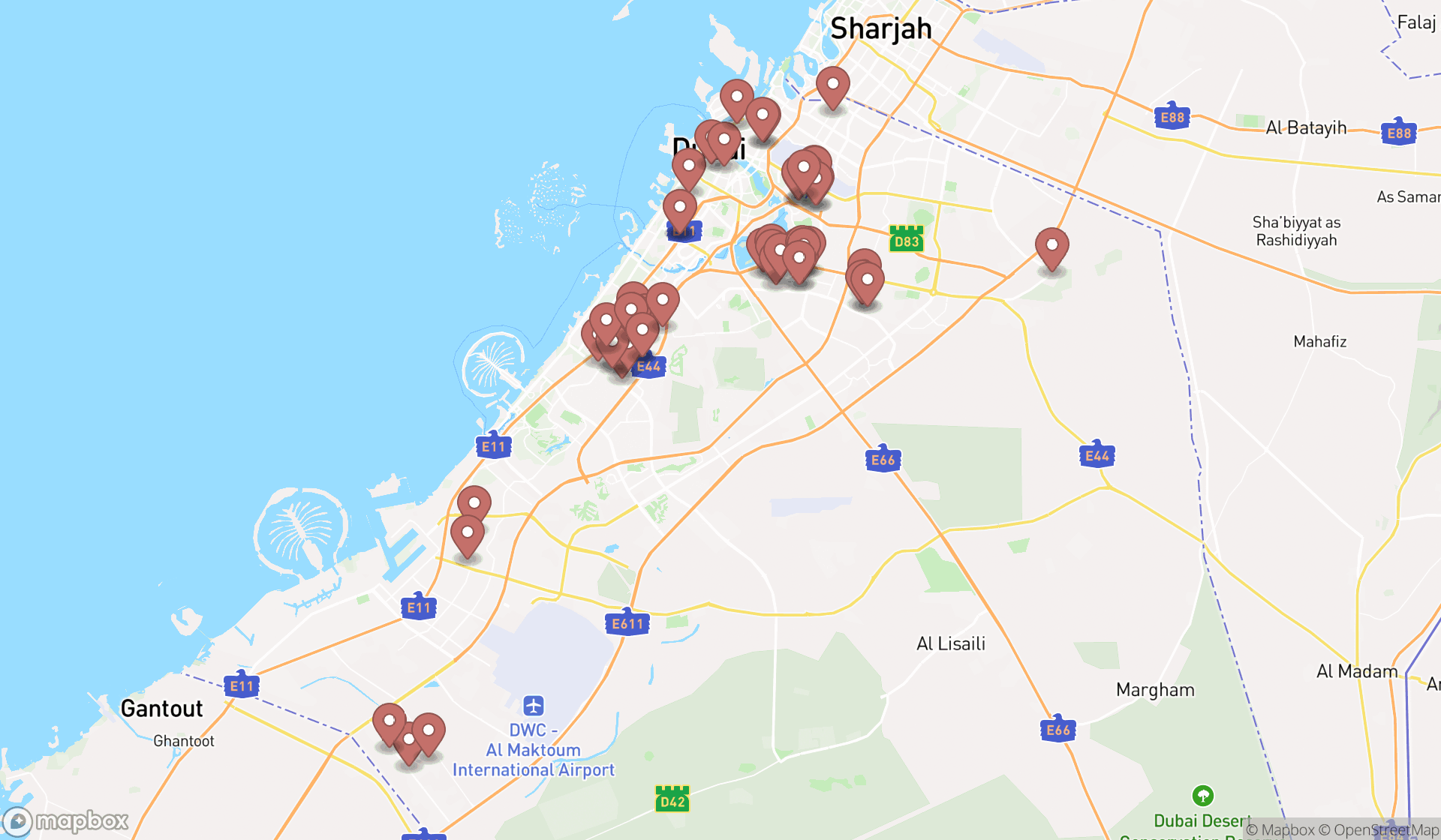 Map showing the search results in Dubai