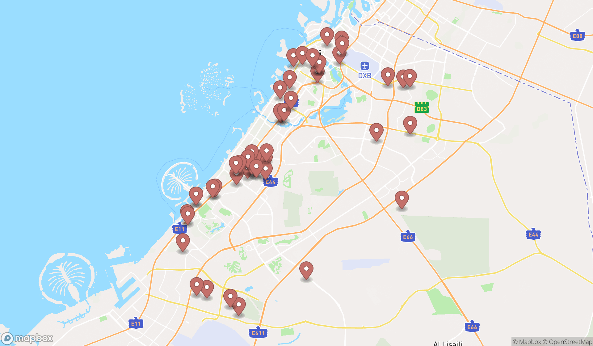 Map showing the search results in Dubai
