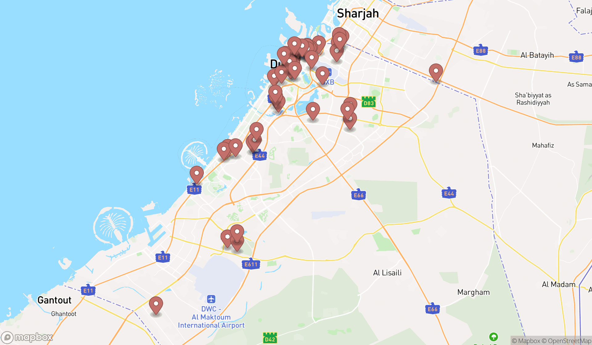 Map showing the search results in Dubai