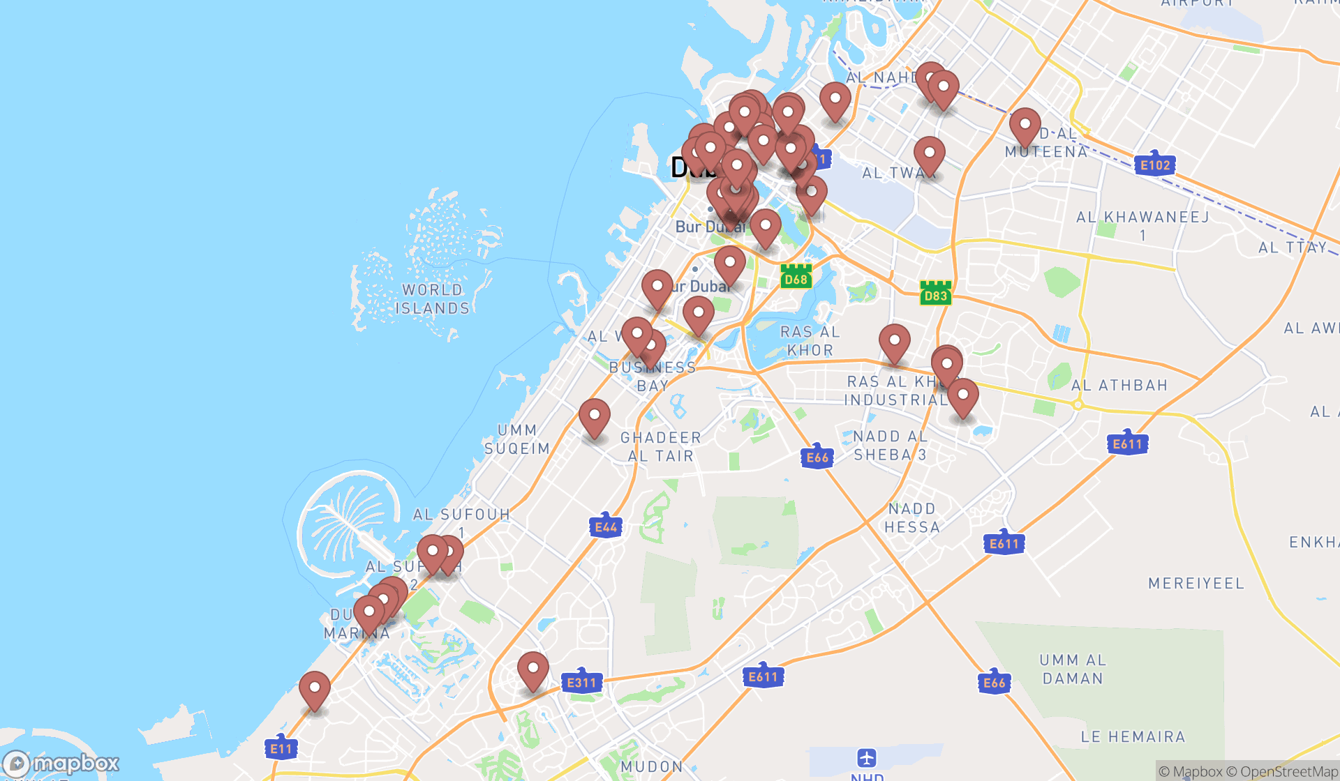 Map showing the search results in Dubai