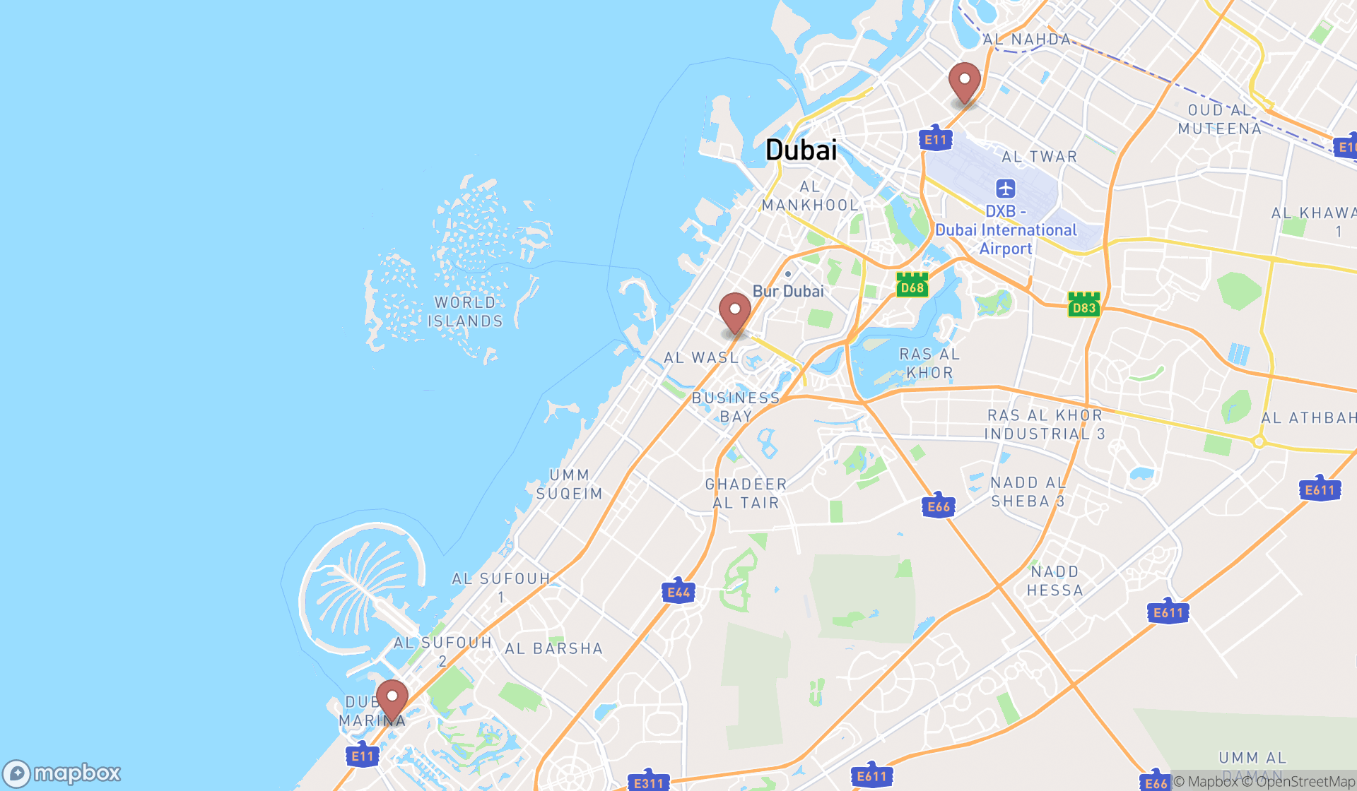 Map showing the search results in Dubai