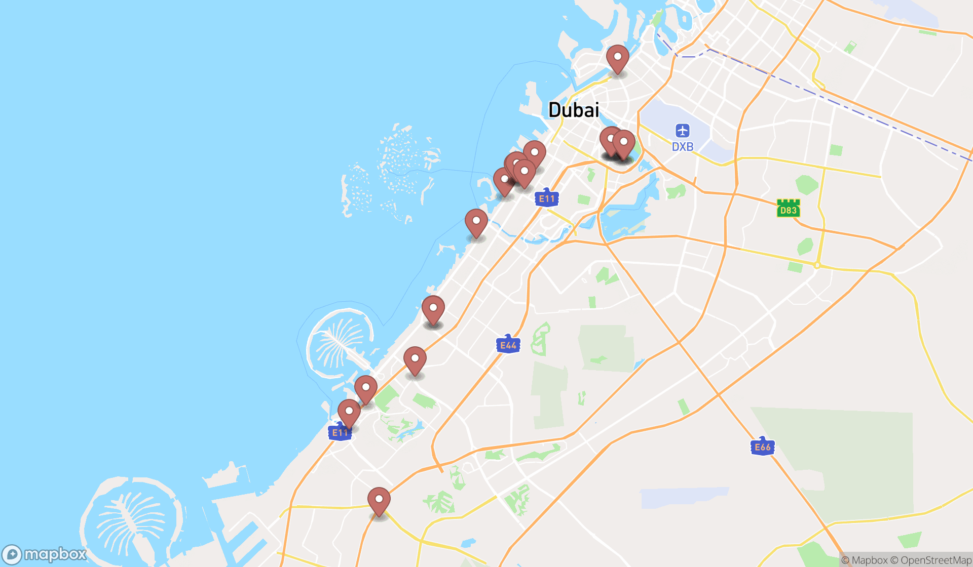 Map showing the search results in Dubai