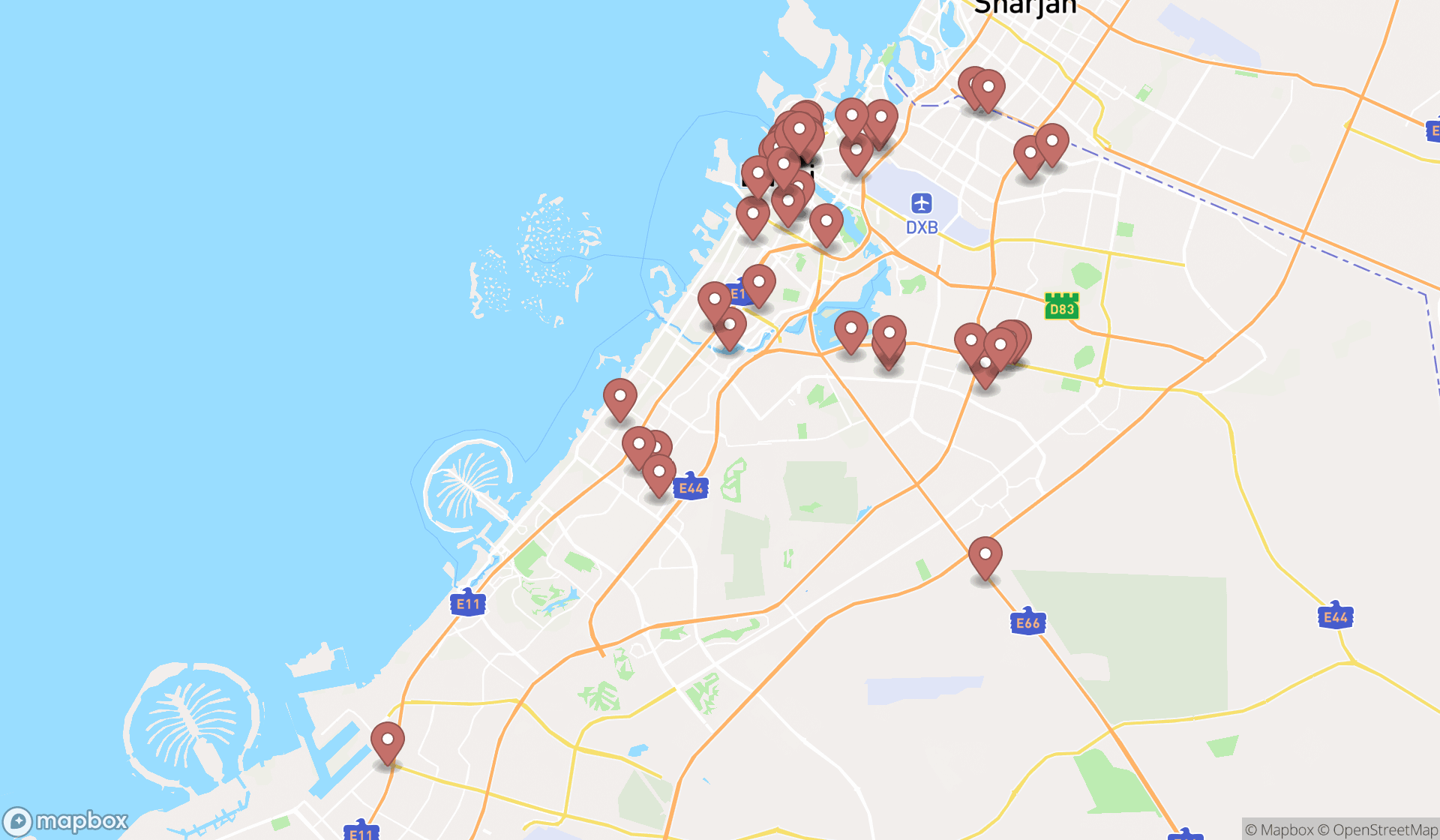 Map showing the search results in Dubai