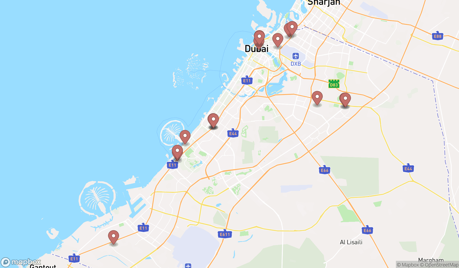 Map showing the search results in Dubai