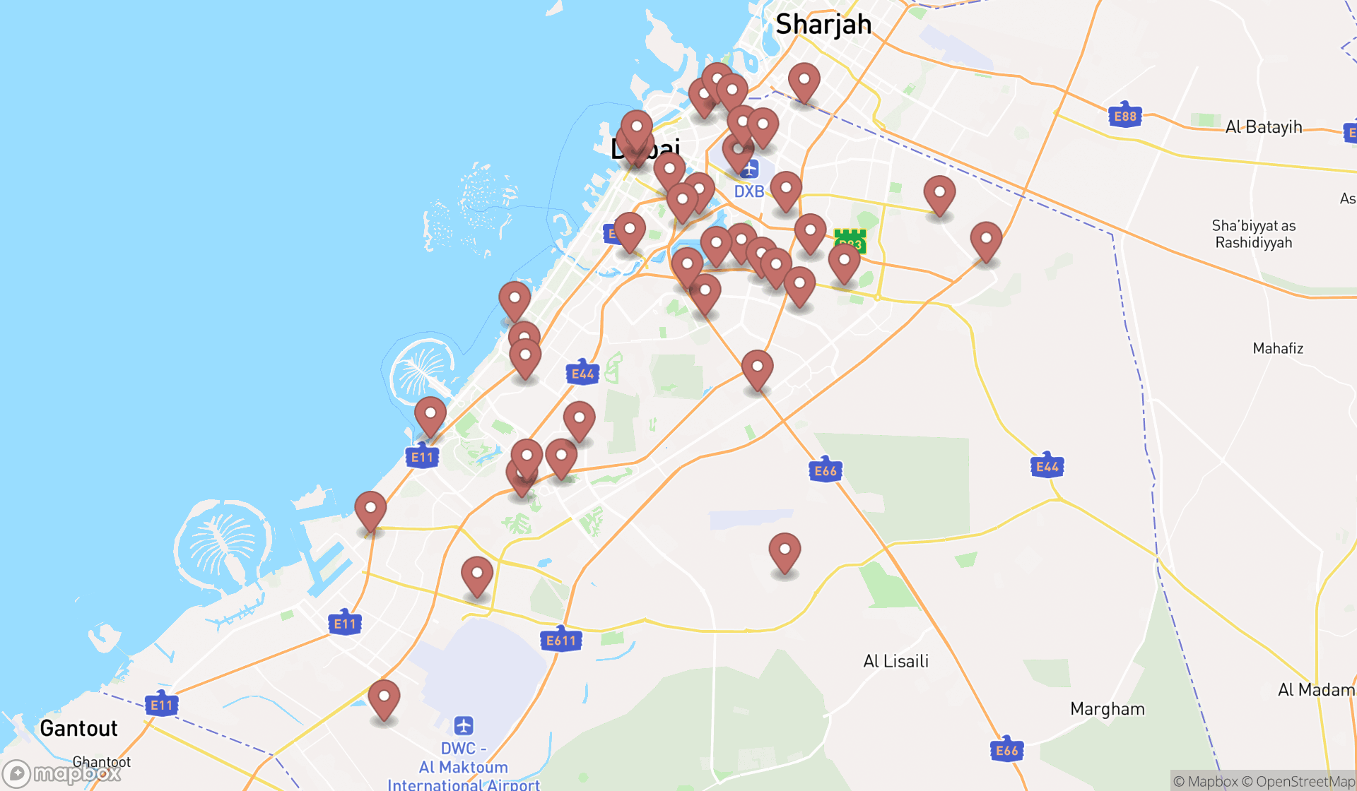 Map showing the search results in Dubai