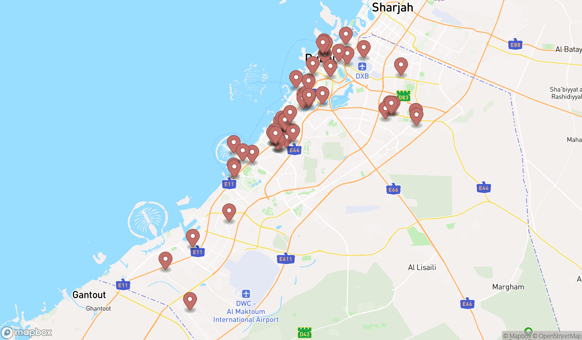 Map showing the search results in Dubai