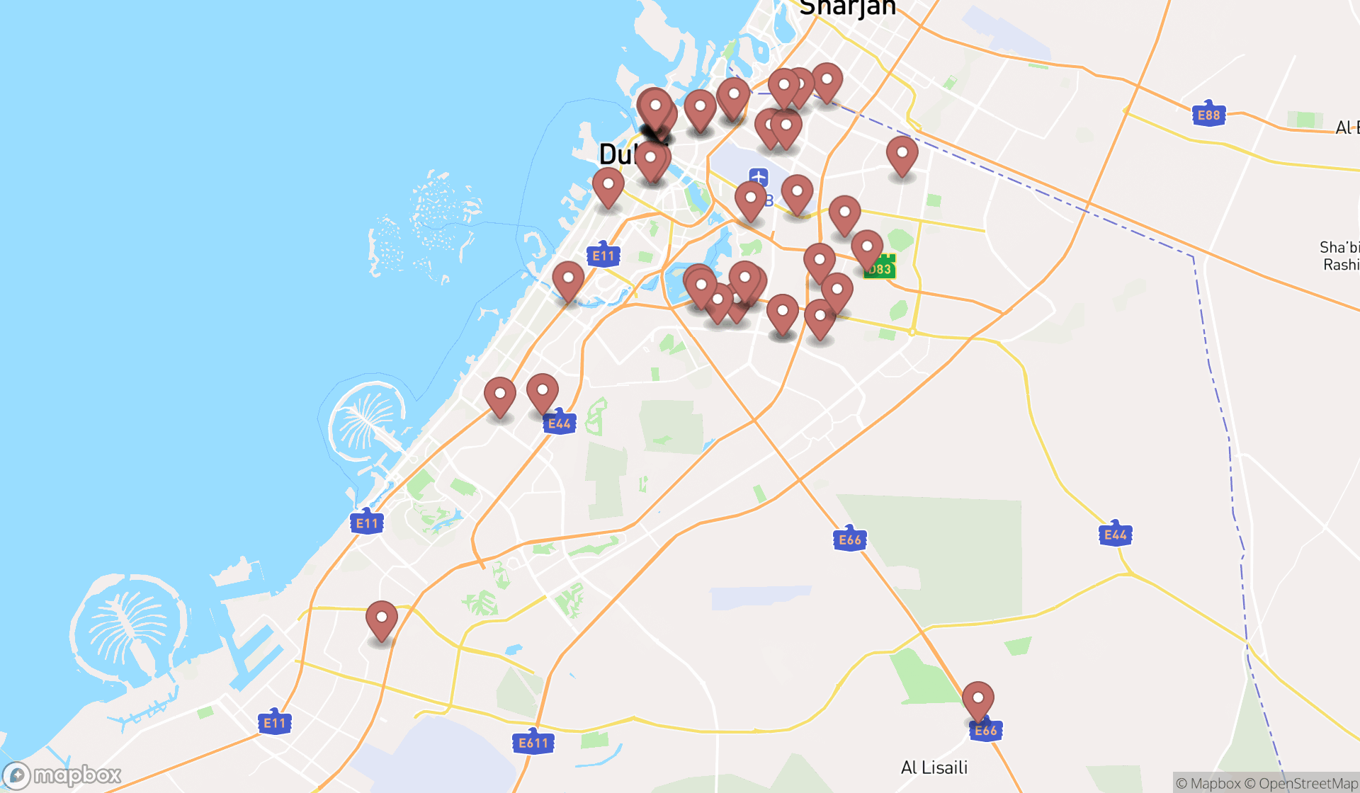 Map showing the search results in Dubai