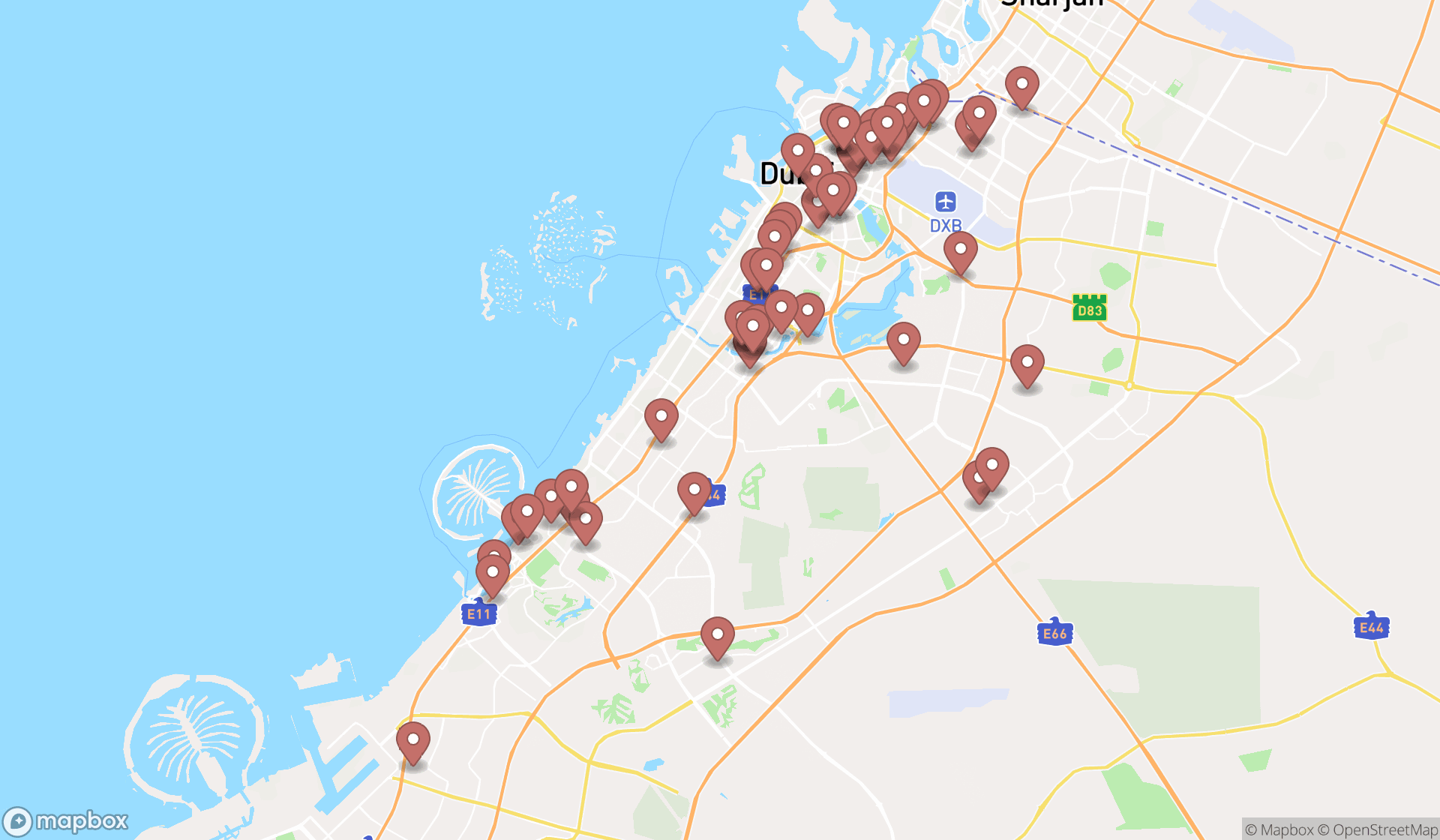 Map showing the search results in Dubai