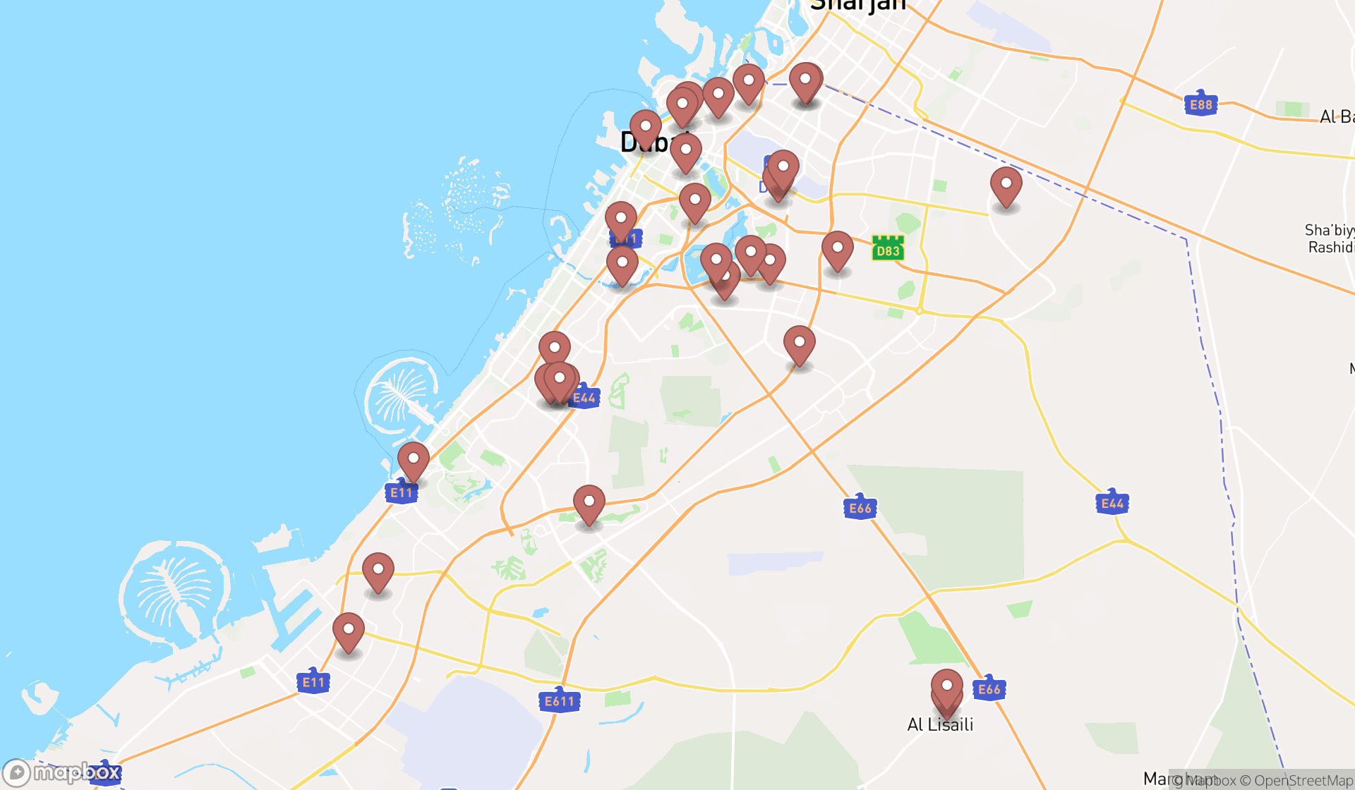 Map showing the search results in Dubai
