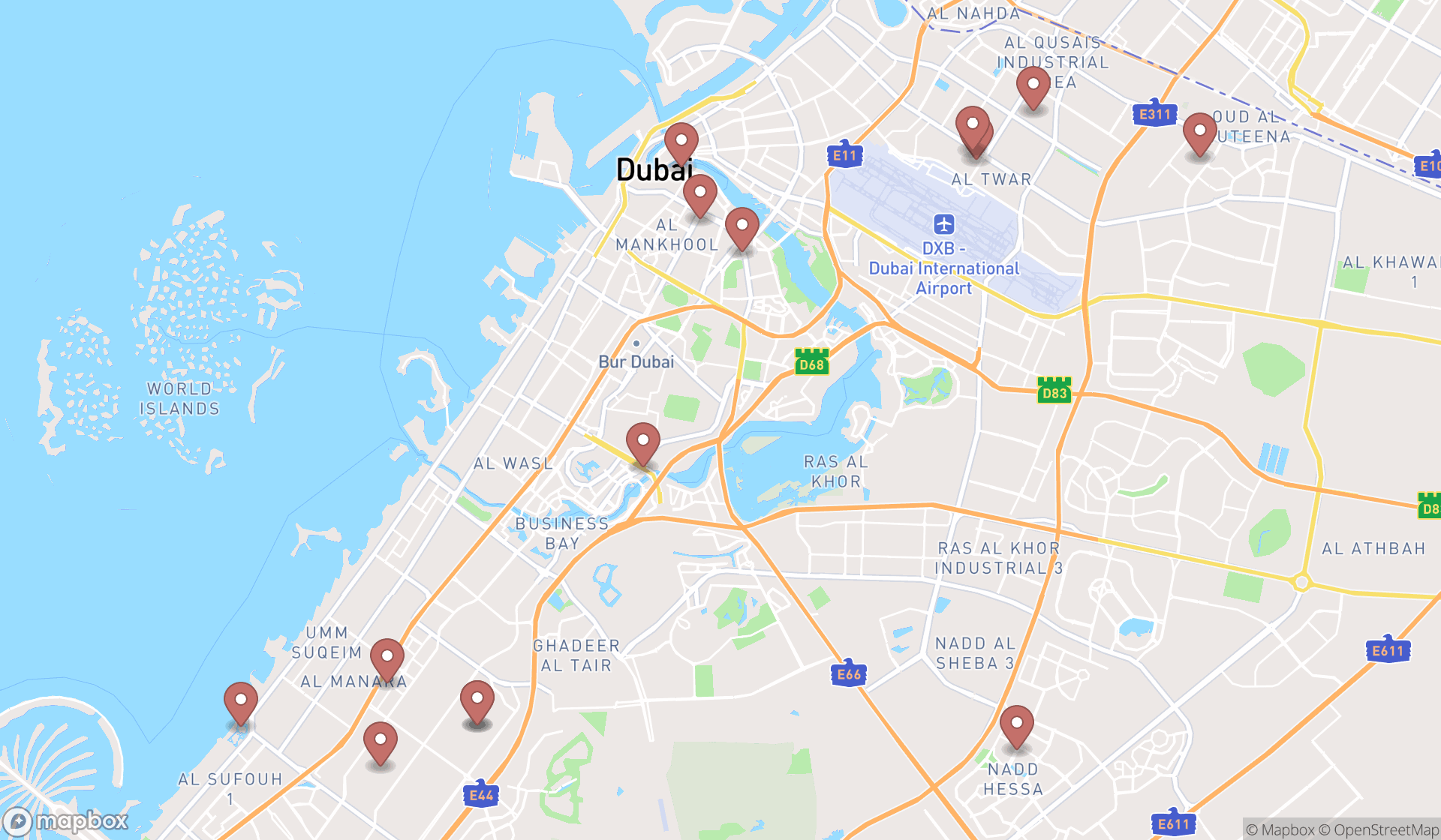 Map showing the search results in Dubai