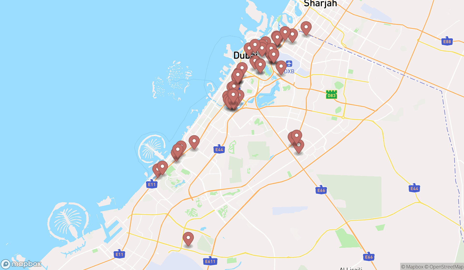 Map showing the search results in Dubai