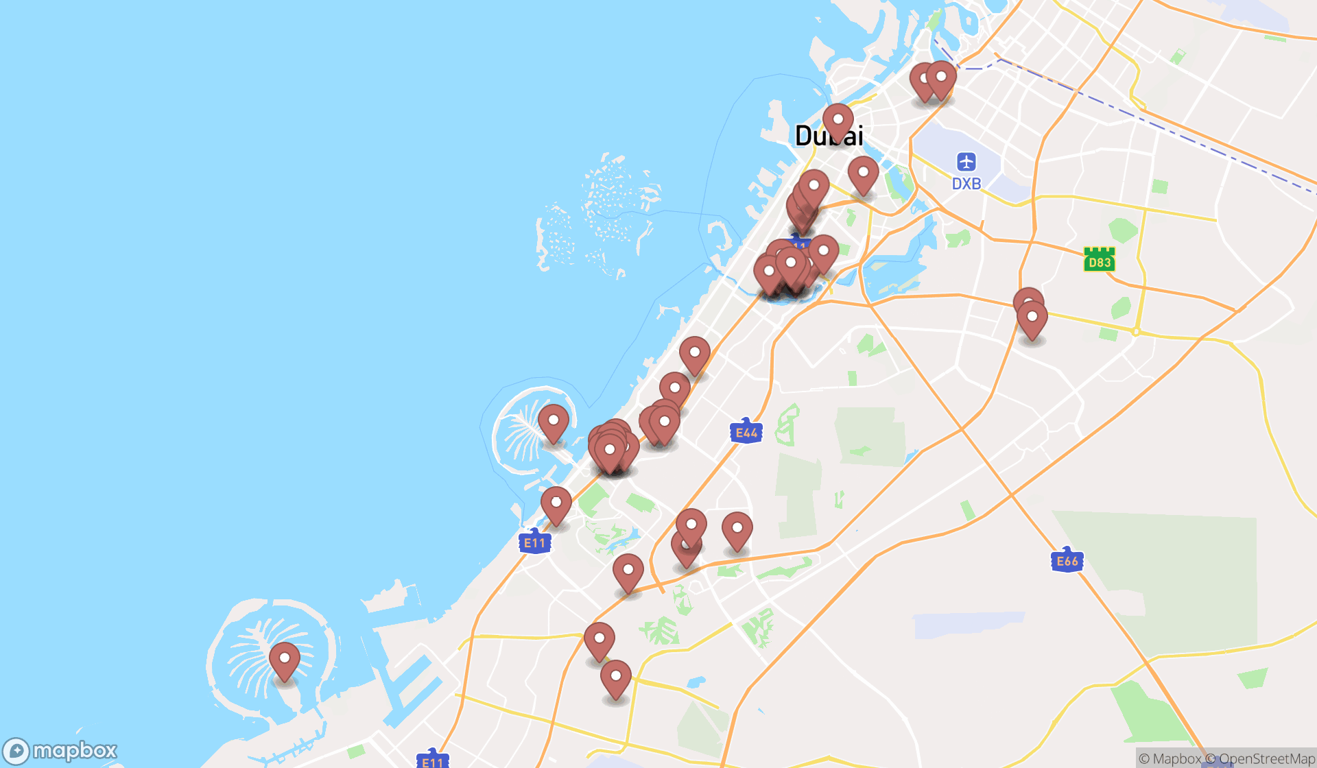 Map showing the search results in Dubai