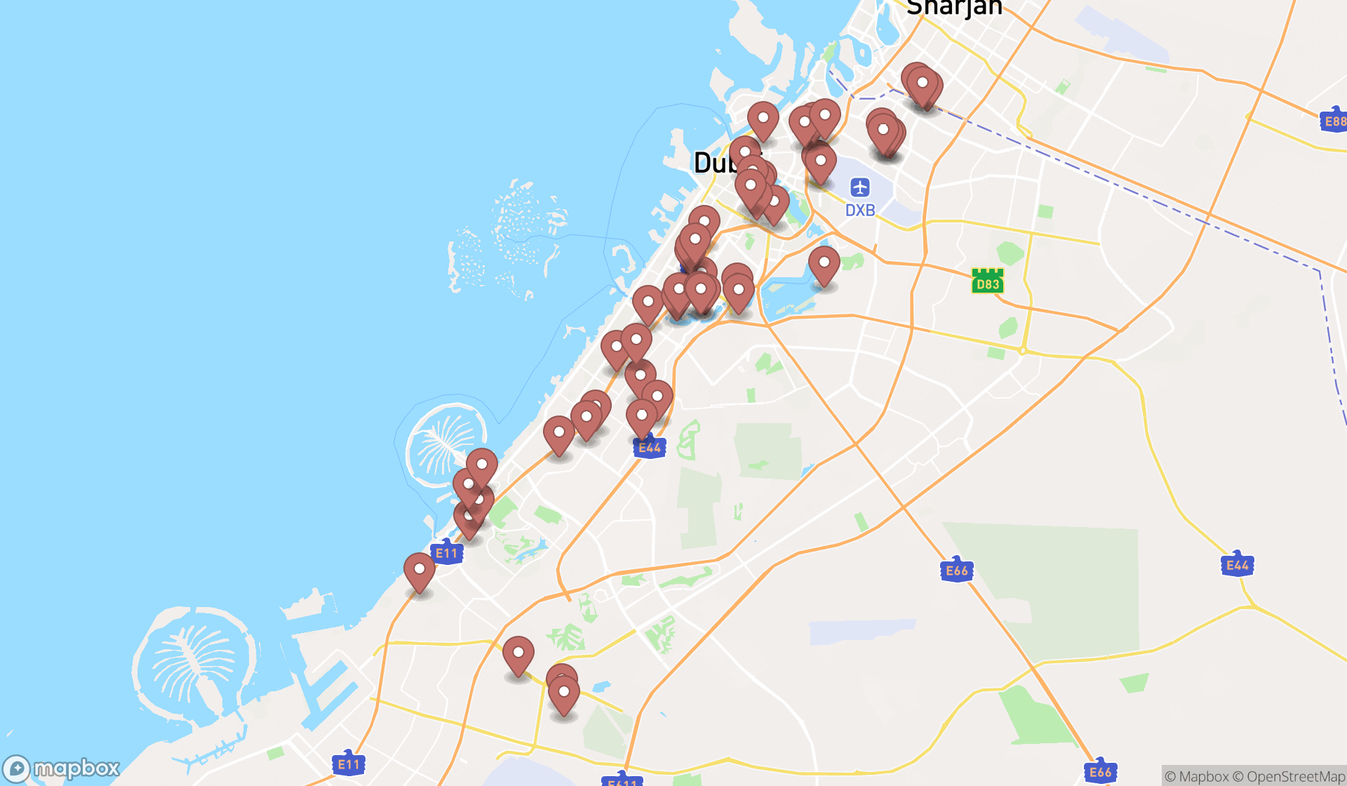 Map showing the search results in Dubai