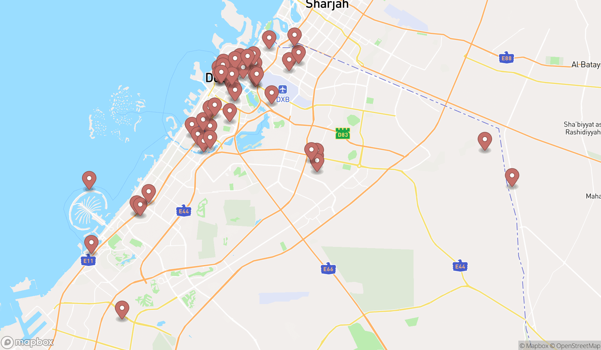 Map showing the search results in Dubai