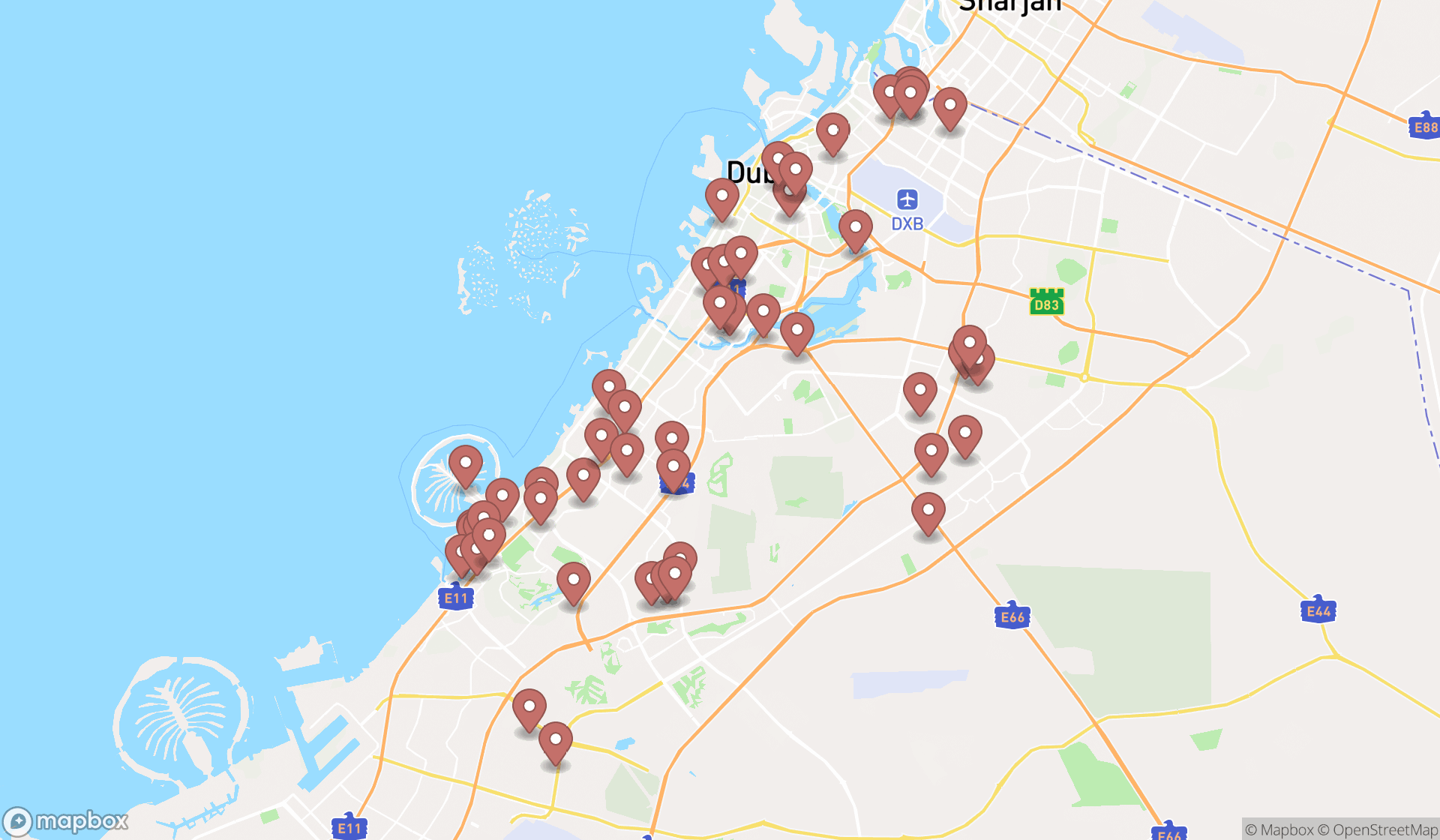 Map showing the search results in Dubai
