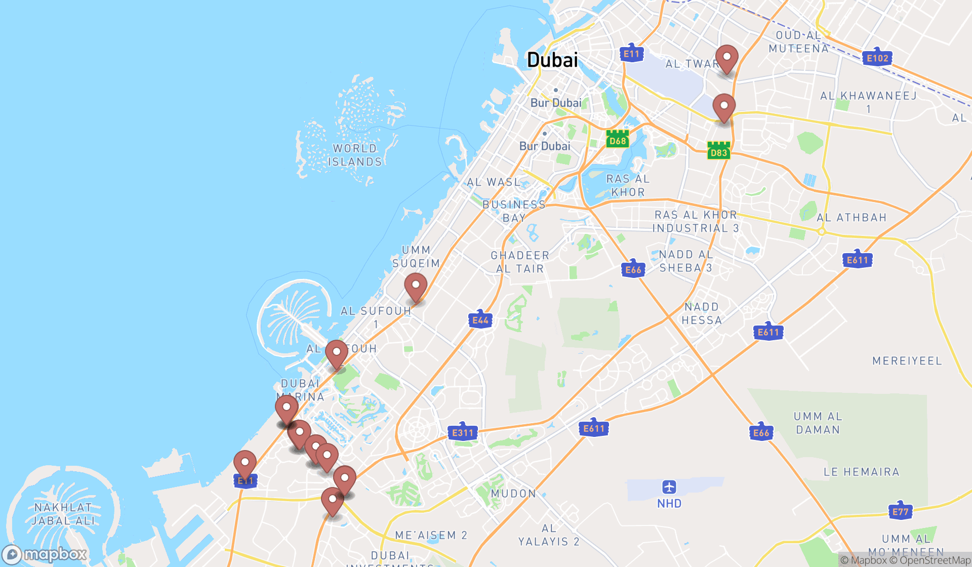 Map showing the search results in Dubai