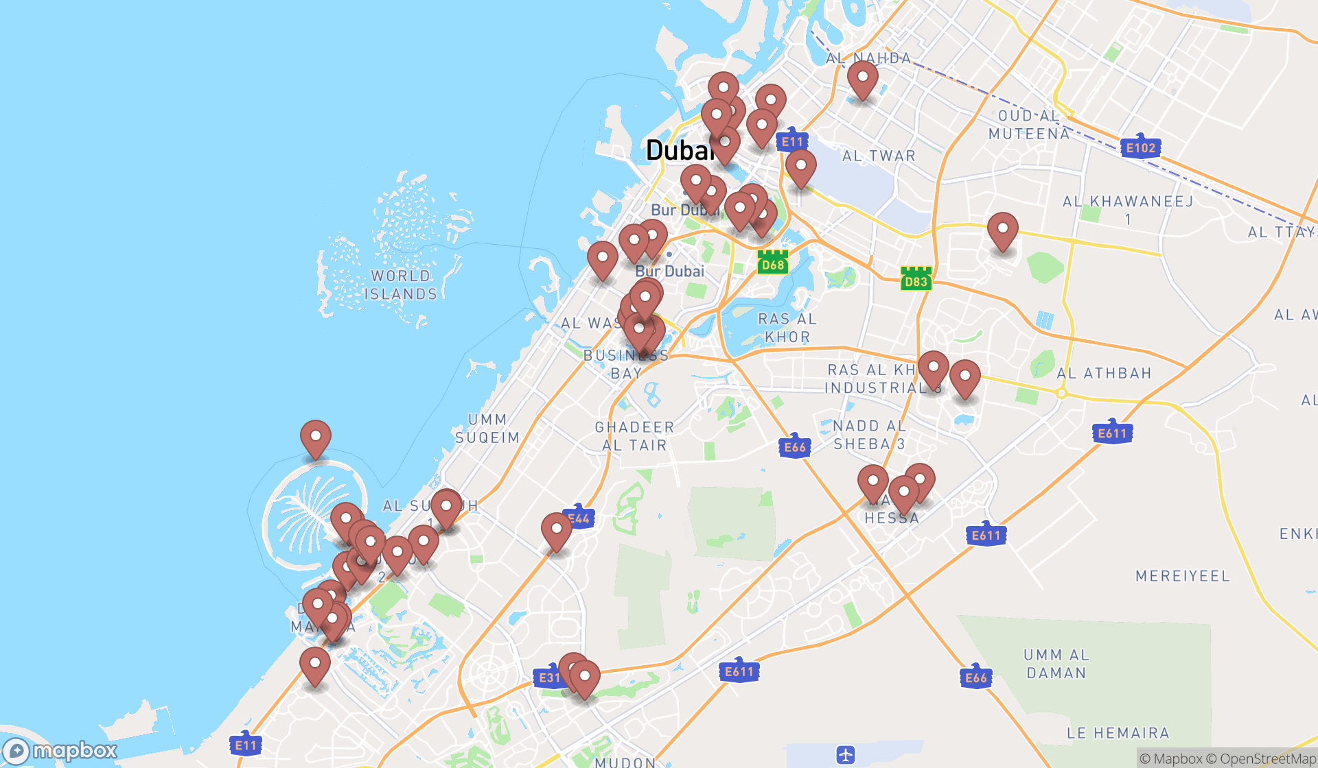 Map showing the search results in Dubai