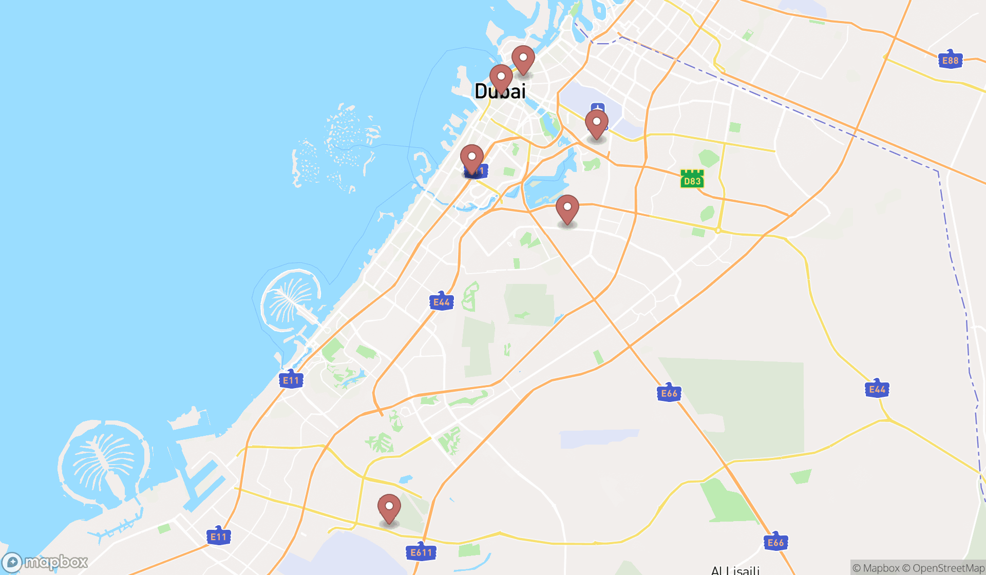 Map showing the search results in Dubai
