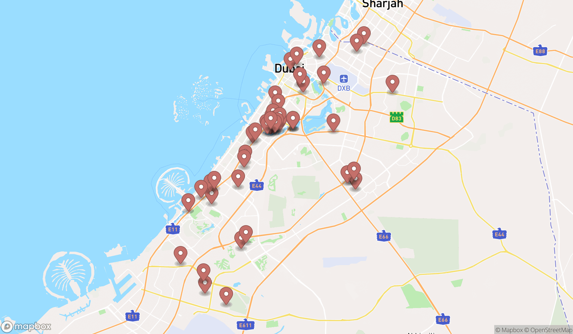 Map showing the search results in Dubai
